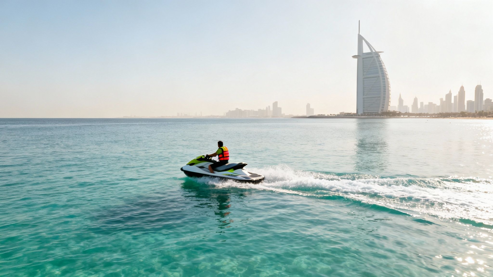 A person enjoying a jet ski rental in Dubai with the city skyline in the background.