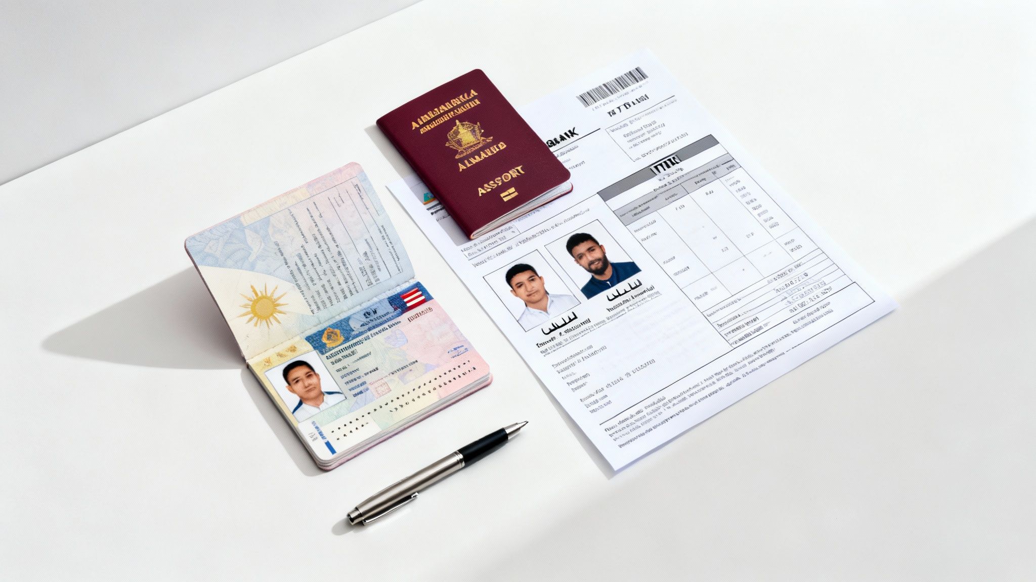 Dubai visa application documents including passport, travel papers, identification photos and pen on white desk