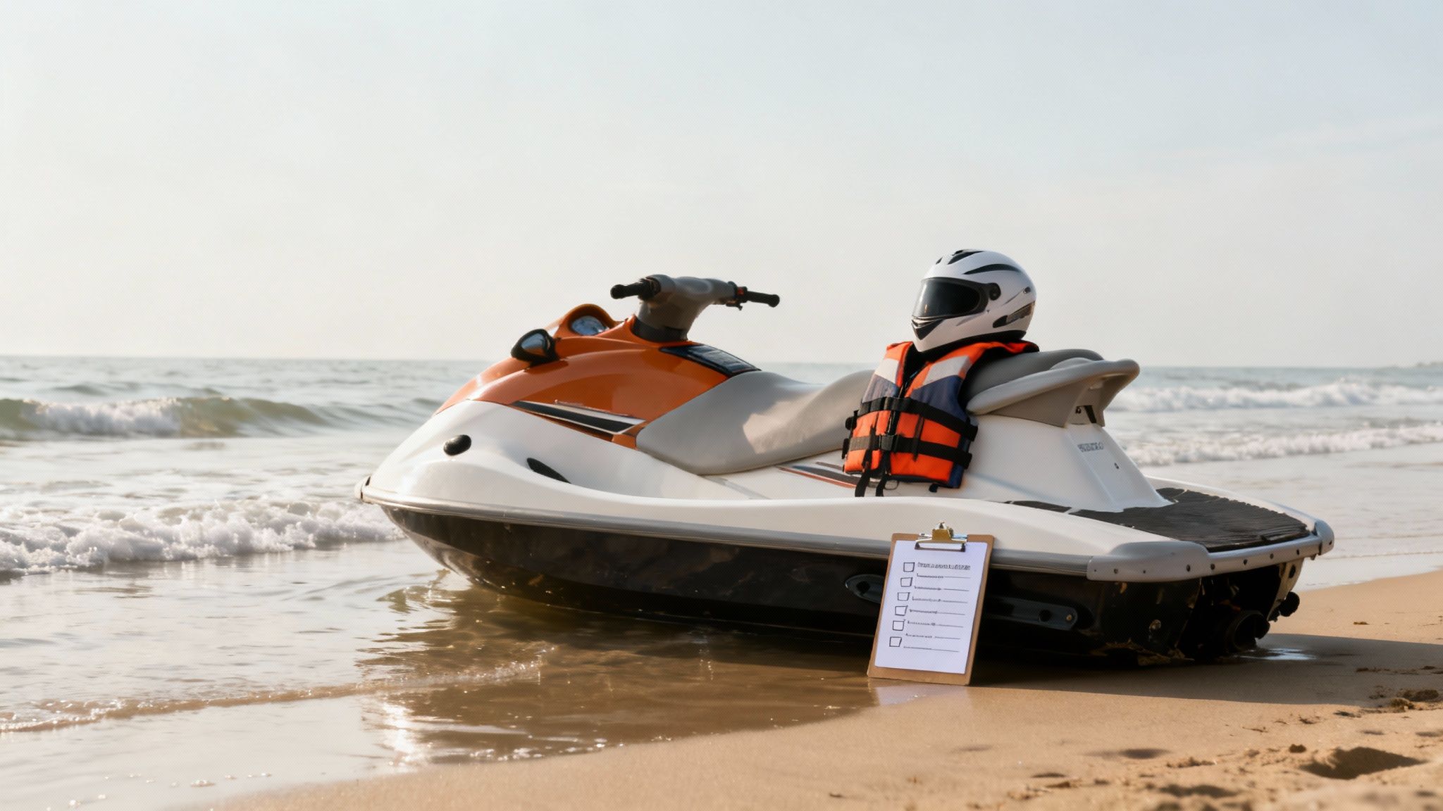 A jet ski rider wearing a life jacket, looking towards the Dubai shoreline.