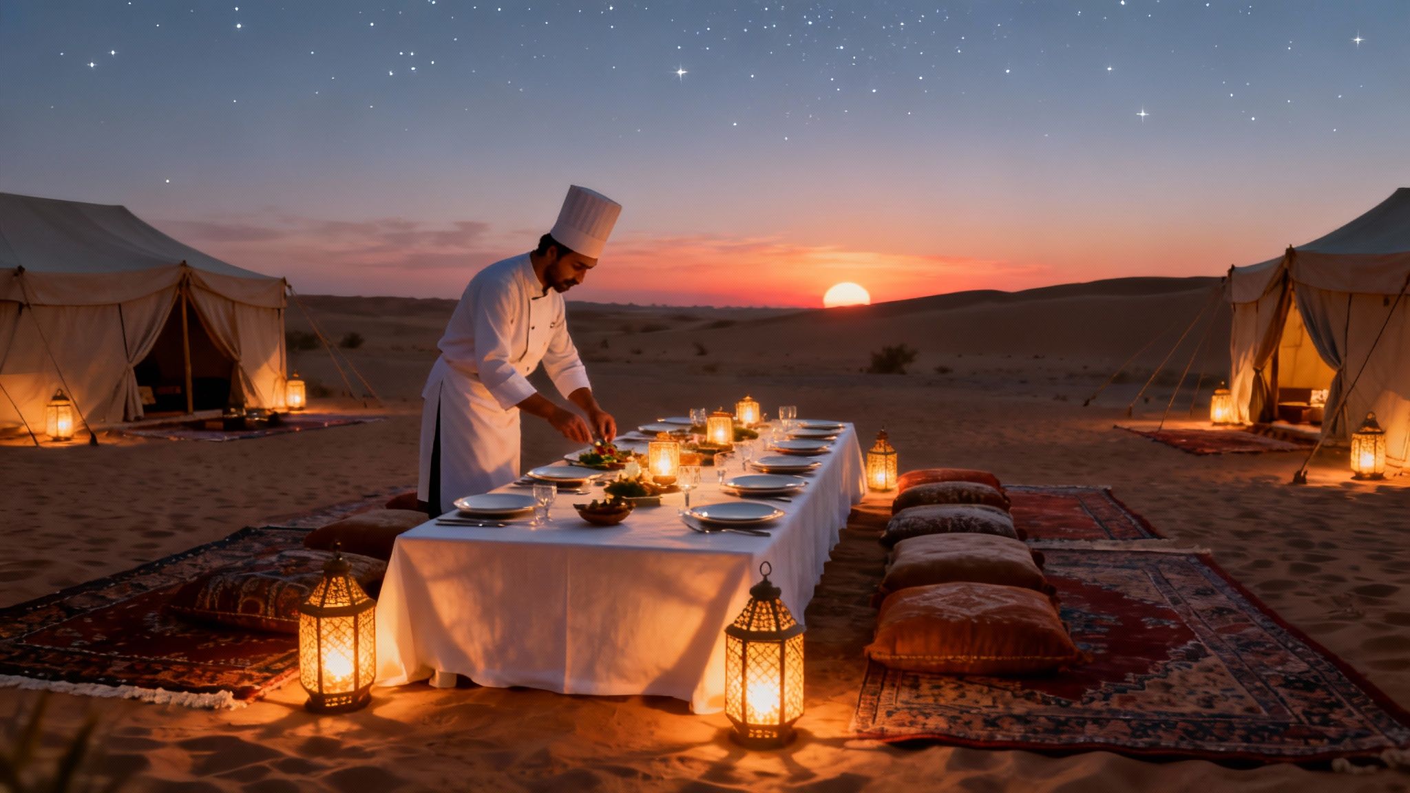 A group of people enjoying a luxury desert safari in Dubai with vintage Land Rovers.