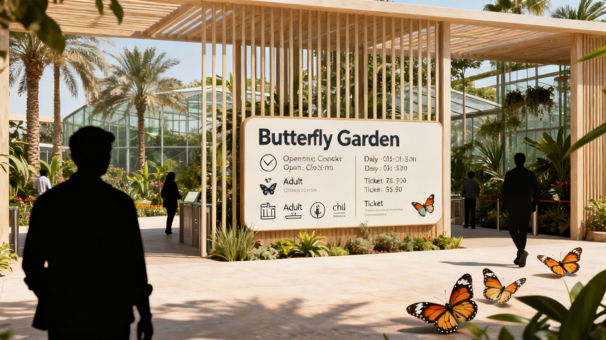 Entrance to a vibrant Butterfly Garden with a sign displaying opening hours and ticket prices, surrounded by lush tropical plants and flying butterflies.