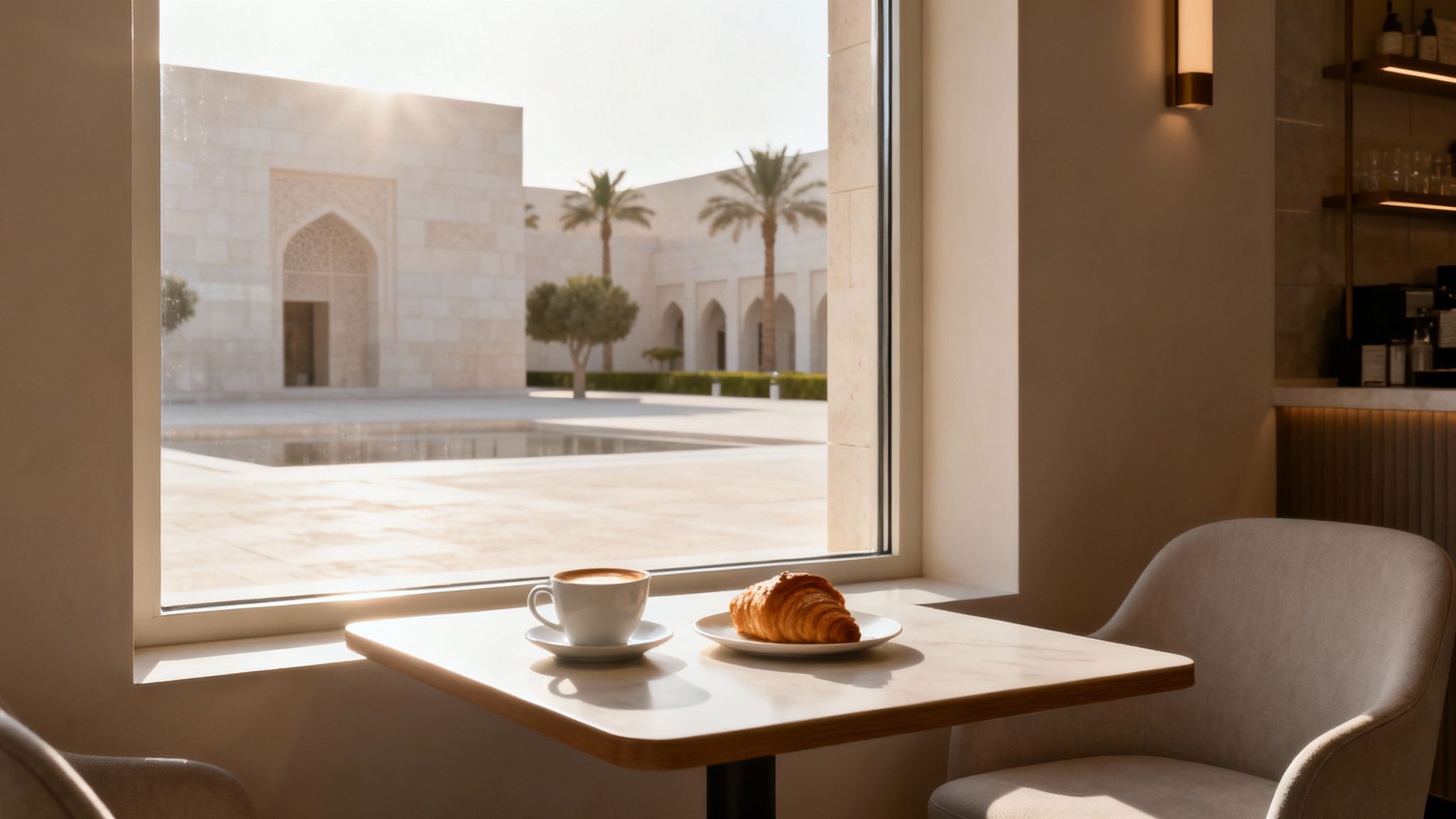 A chic outdoor café setting with modern furniture next to the water at Louvre Abu Dhabi.