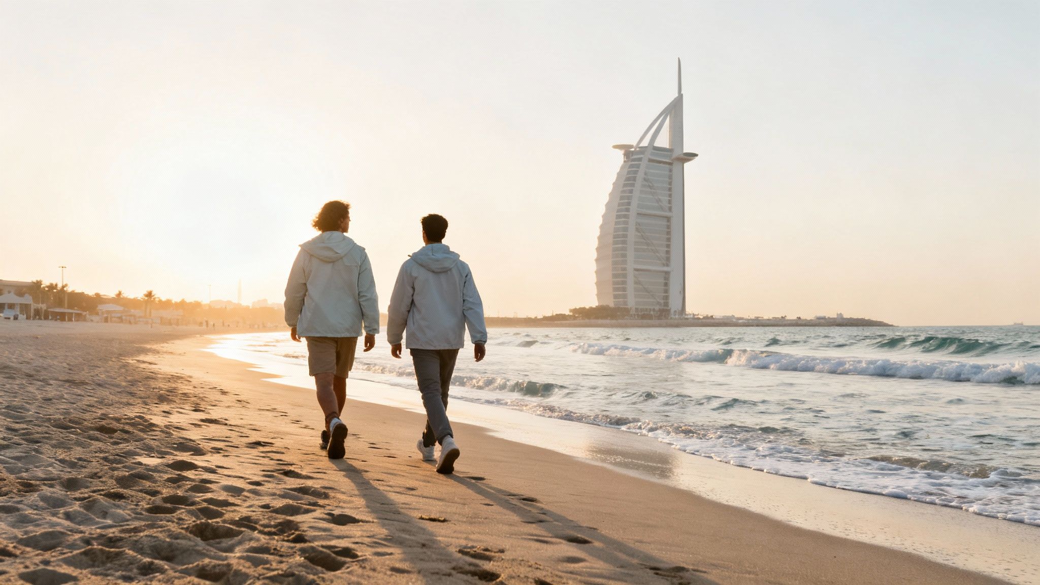 A beautiful beach in Dubai with clear blue water and the Burj Al Arab in the distance