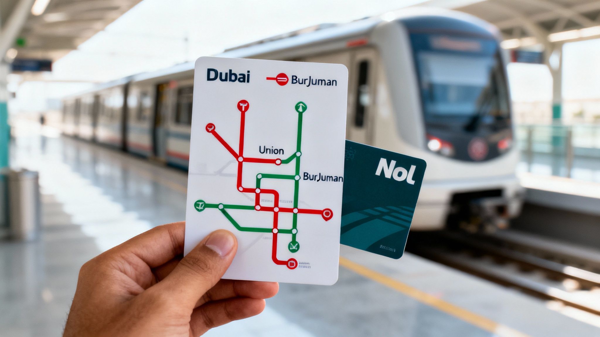 Hand holding Dubai Metro map card with Nol card at BurJuman station platform