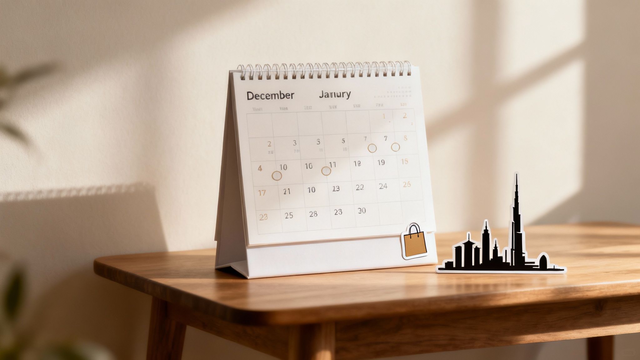 Desk calendar showing December and January months with circled dates and Dubai skyline decoration
