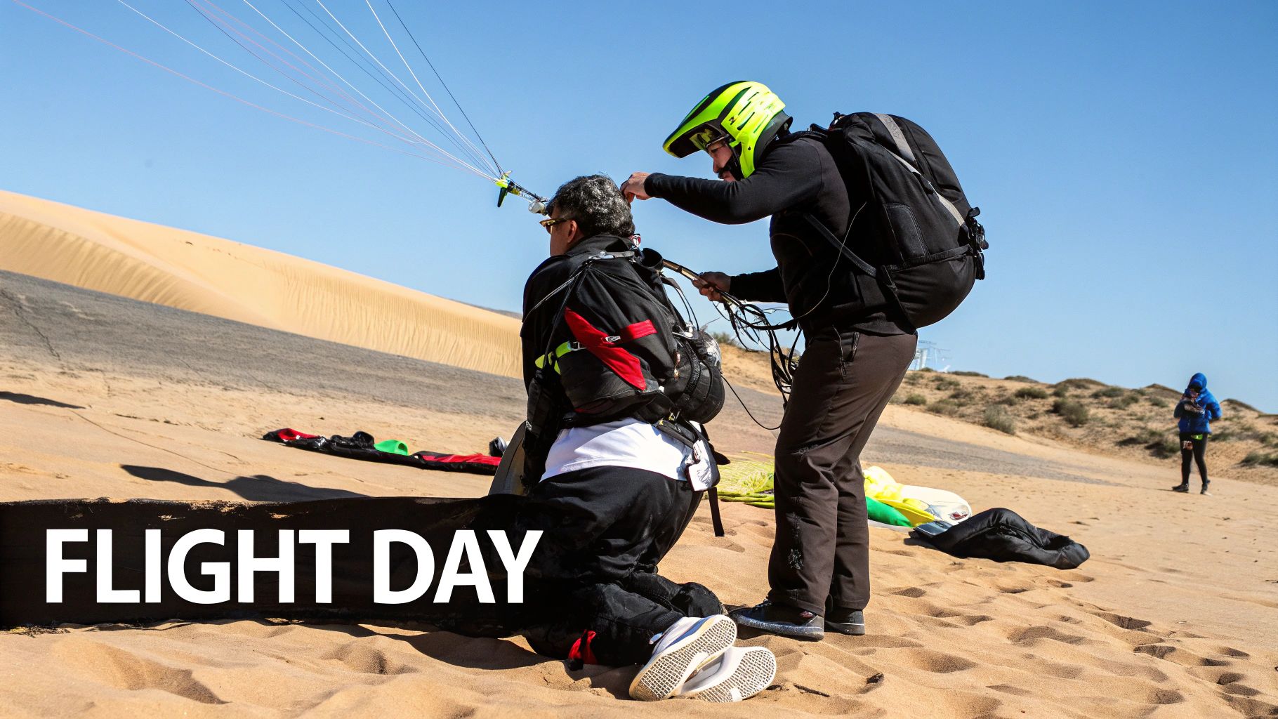 A tandem paraglider and their pilot getting ready for takeoff on a desert dune.