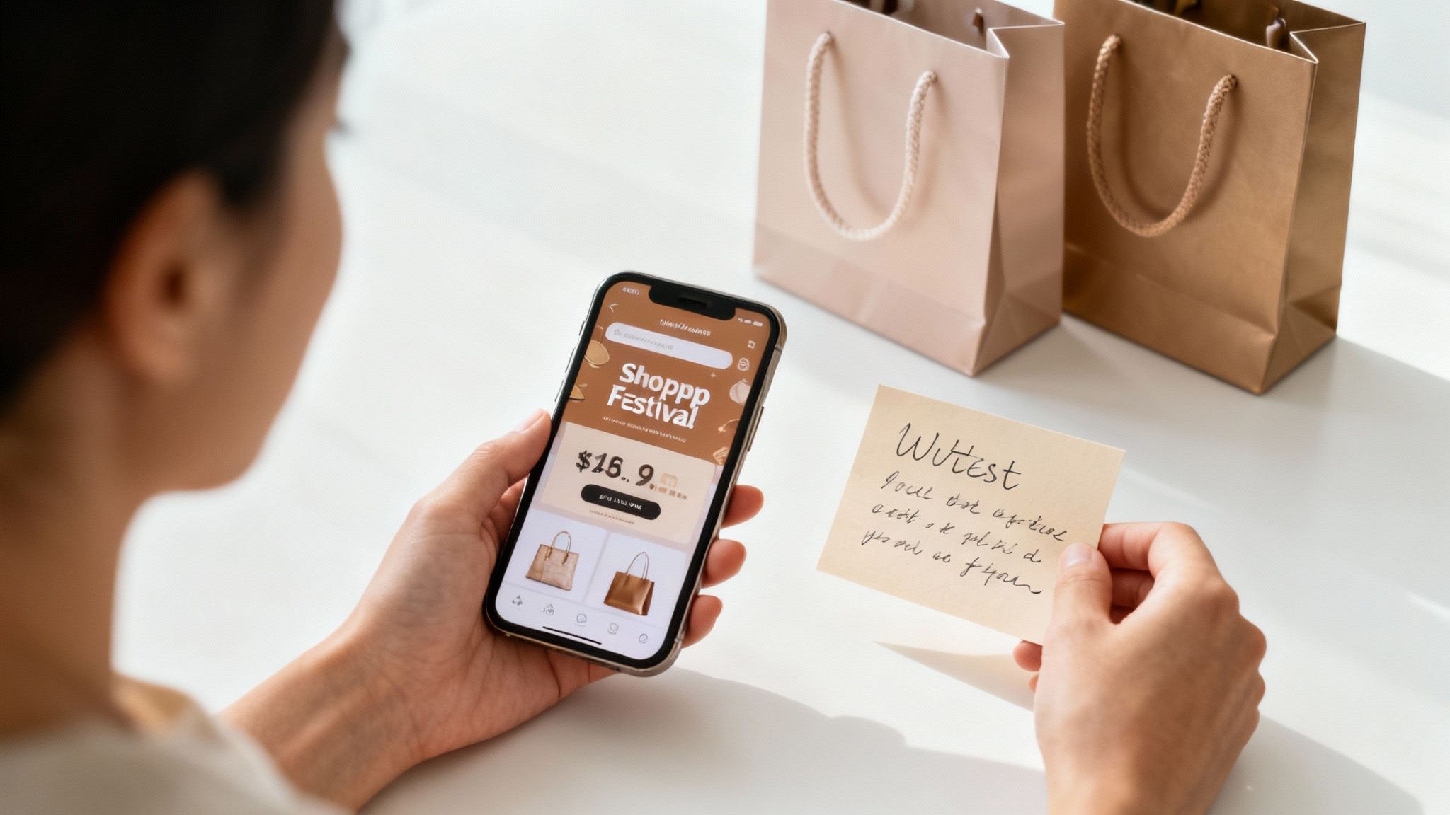 Woman holding smartphone browsing Dubai Shopping Festival mobile app with shopping bags and handwritten note