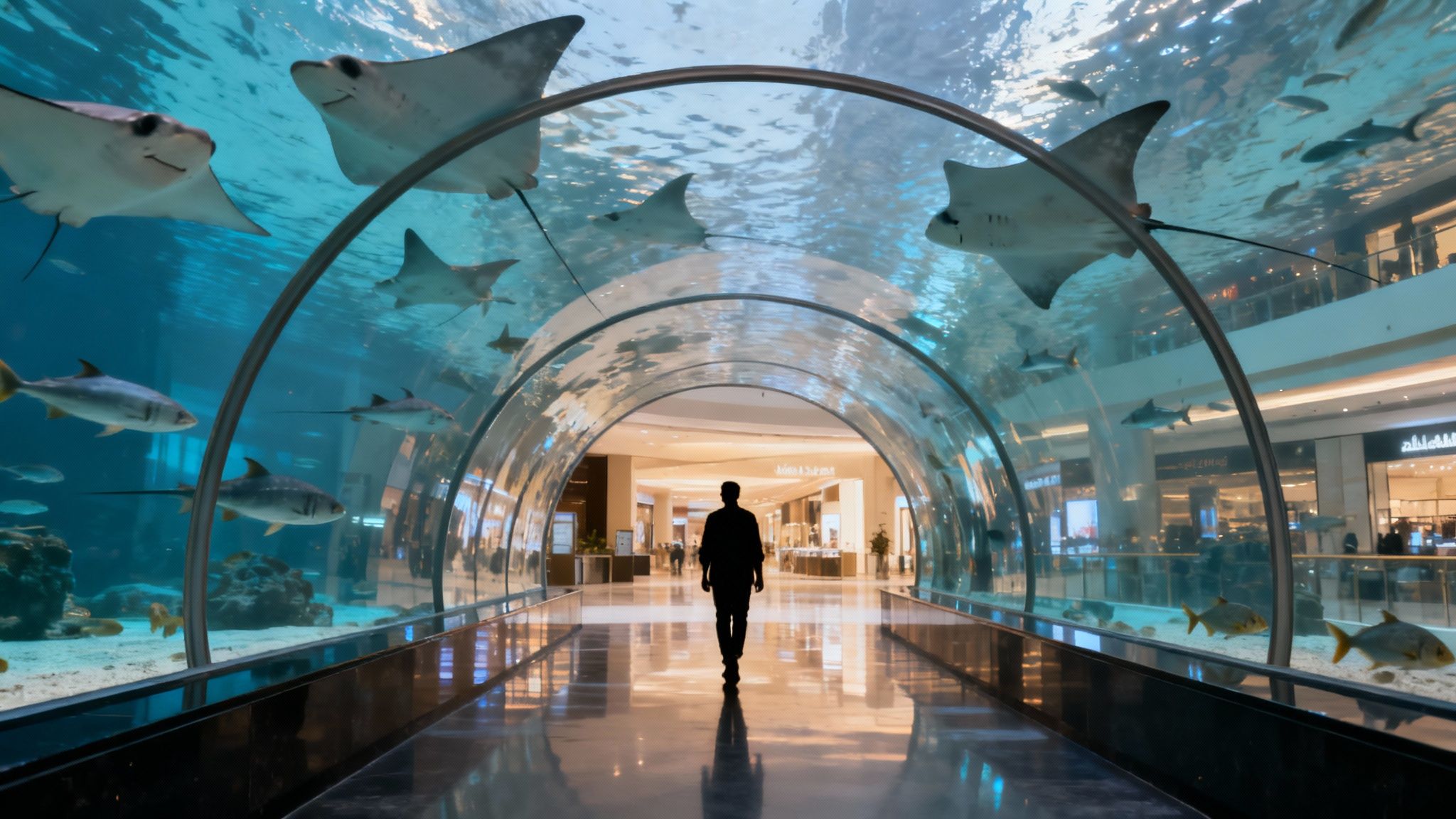 Person walking through underwater tunnel with rays and sharks swimming overhead in Dubai aquarium