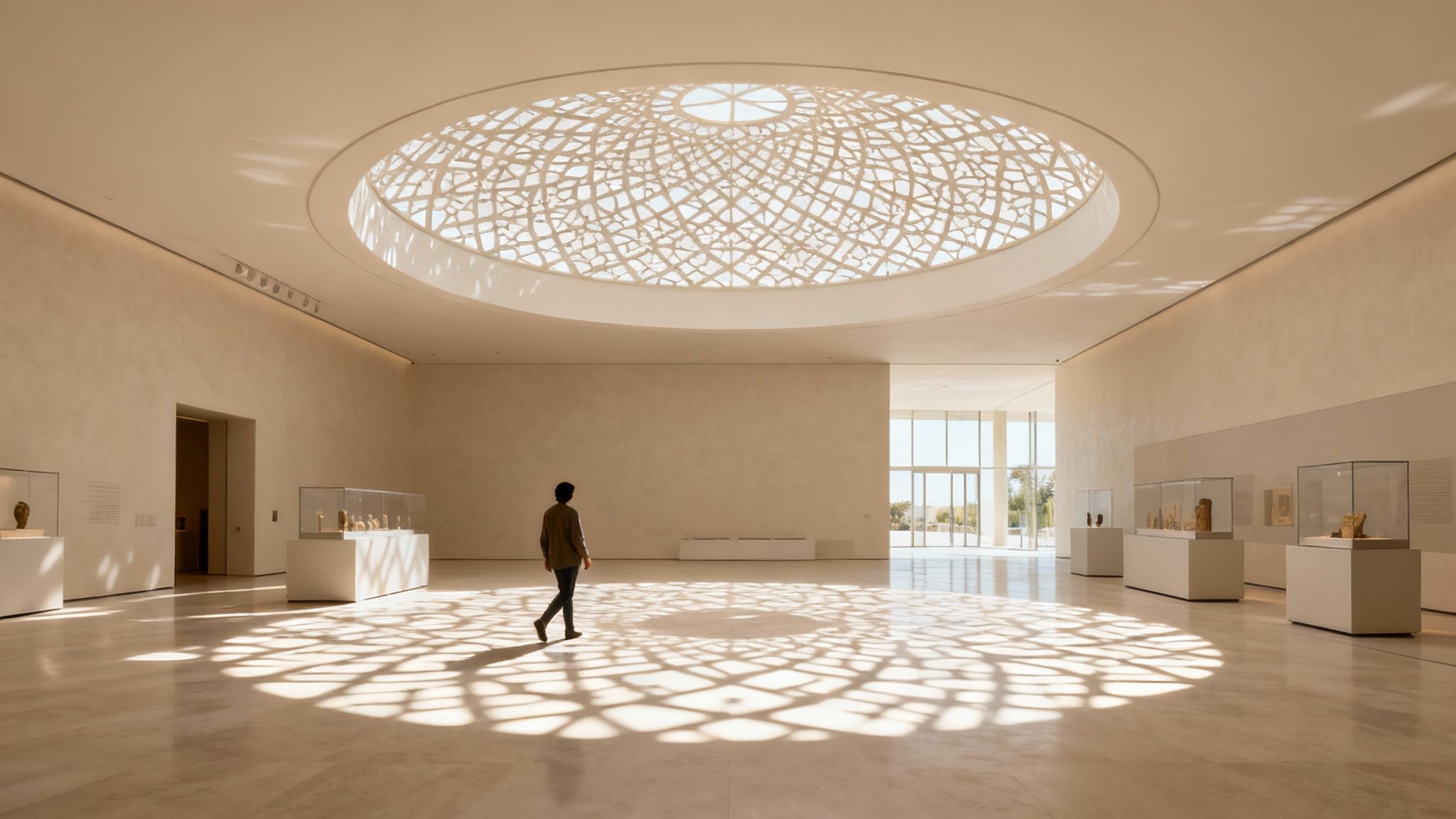 People walking under the intricate dome of Louvre Abu Dhabi, with sunlight filtering through