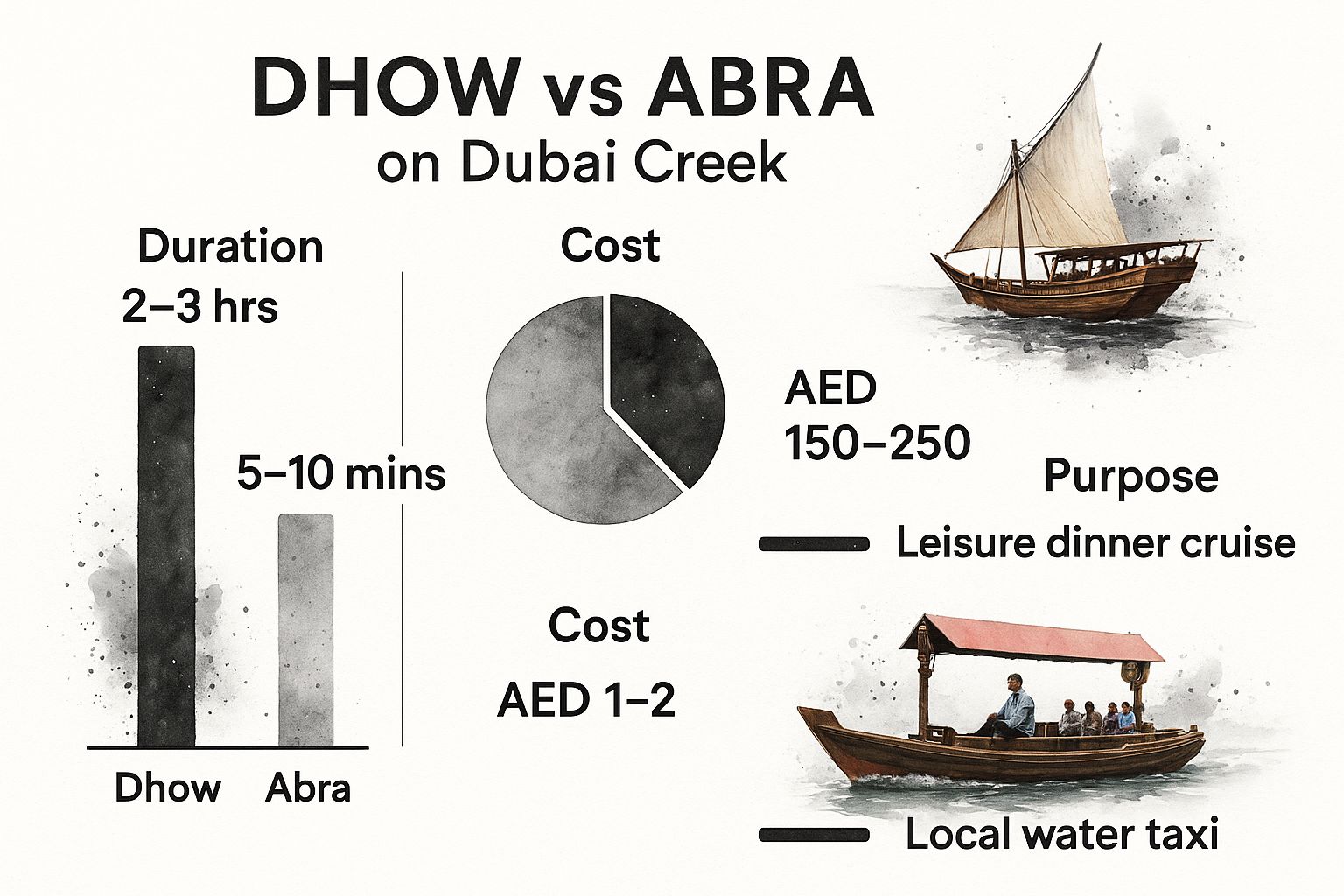 Infographic comparing Dhow and Abra cruises on Dubai Creek, showing differences in duration, cost, and purpose.