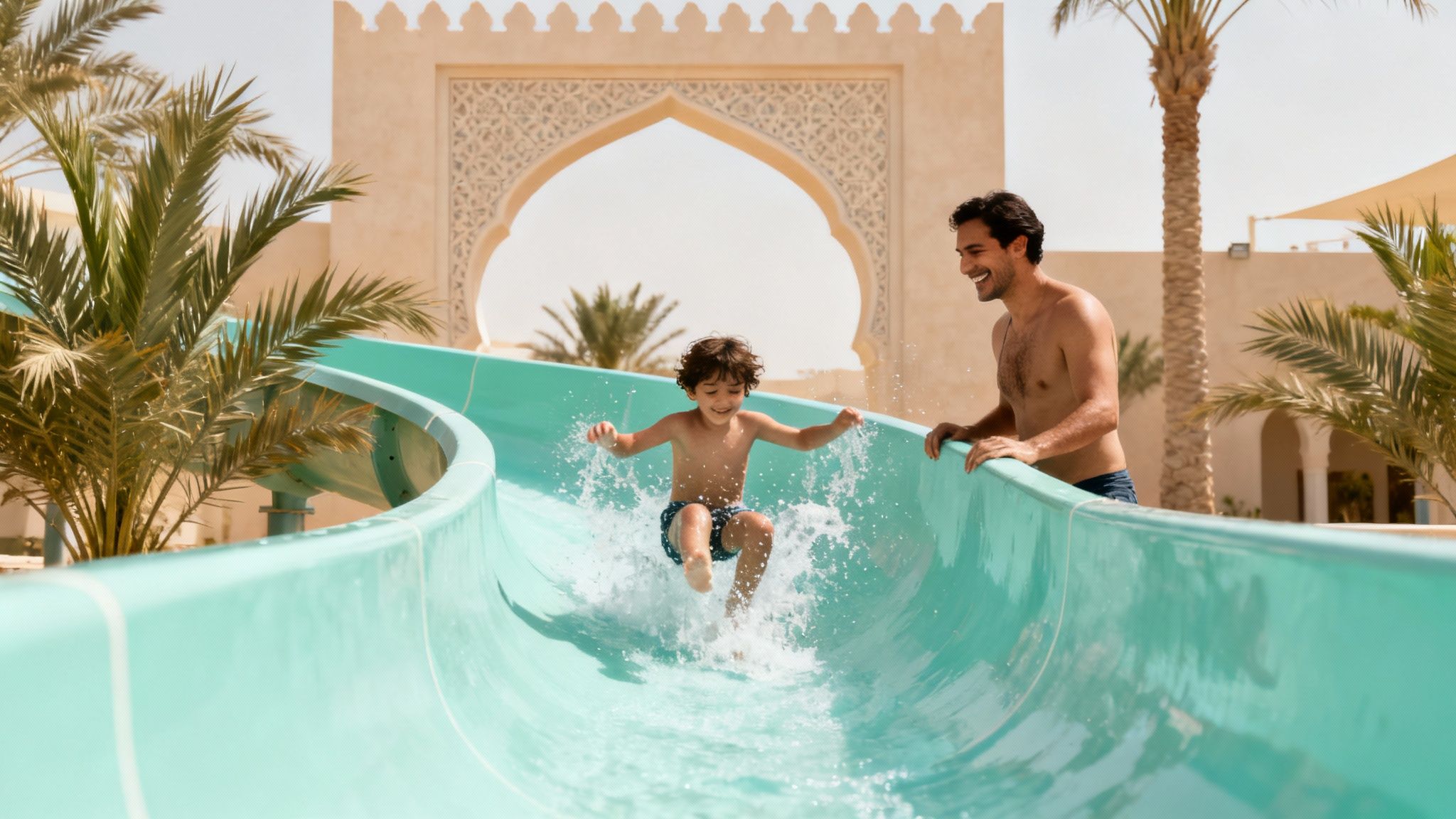Father and son enjoying water slide at luxury Dubai resort with Arabian architecture