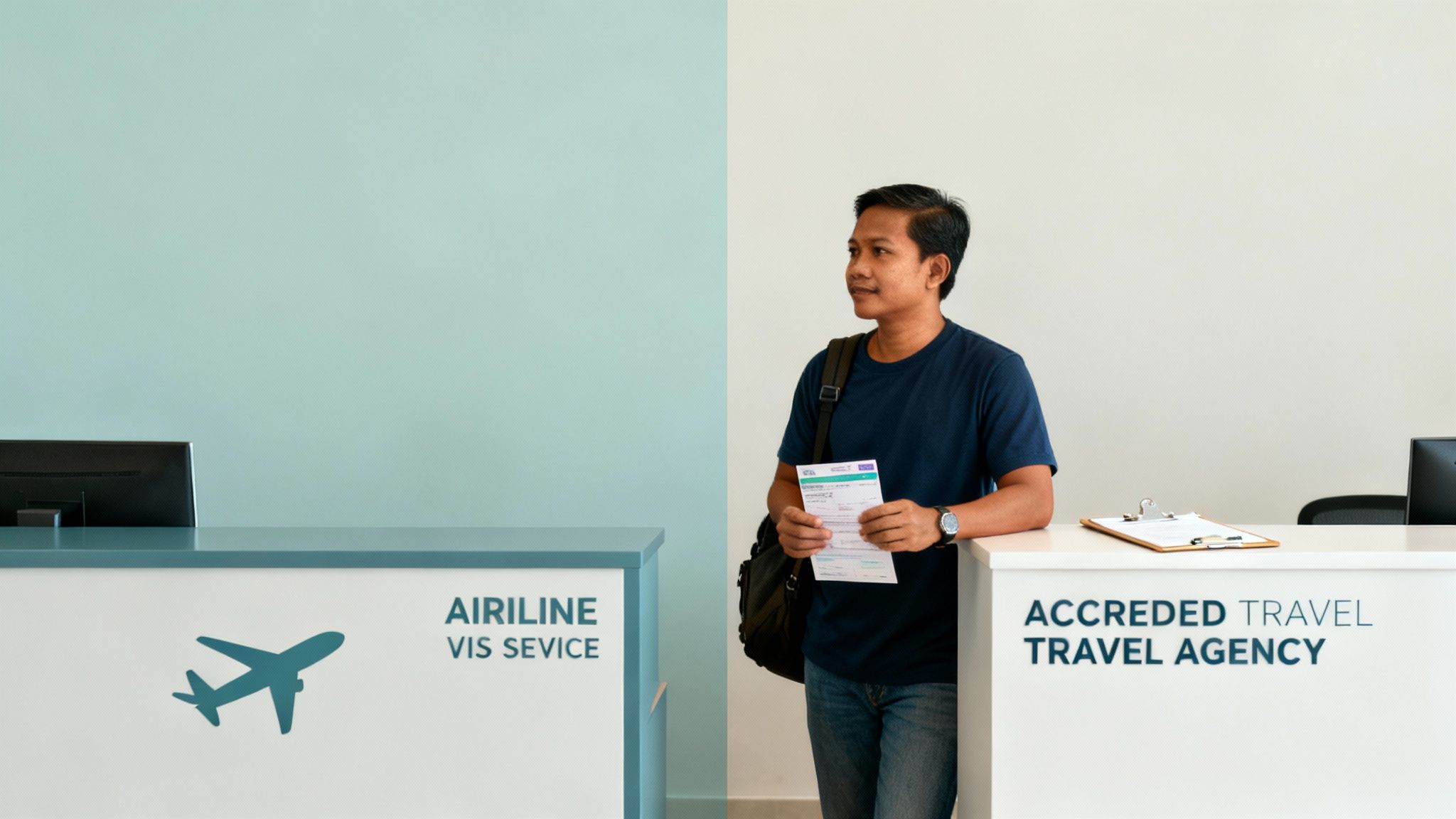 Asian man holding documents at travel agency desk for visa application service