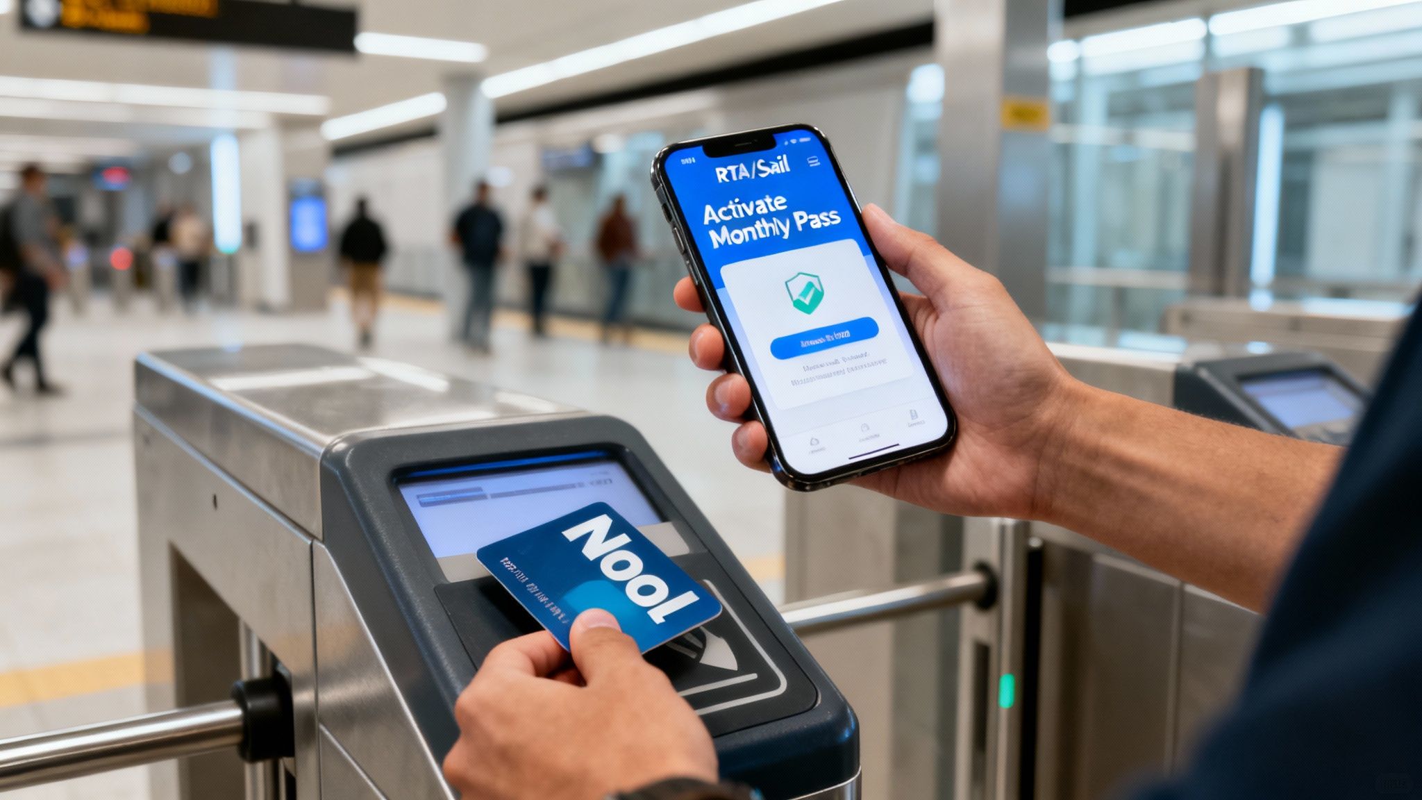 A person using a ticket vending machine at a Dubai Metro station.