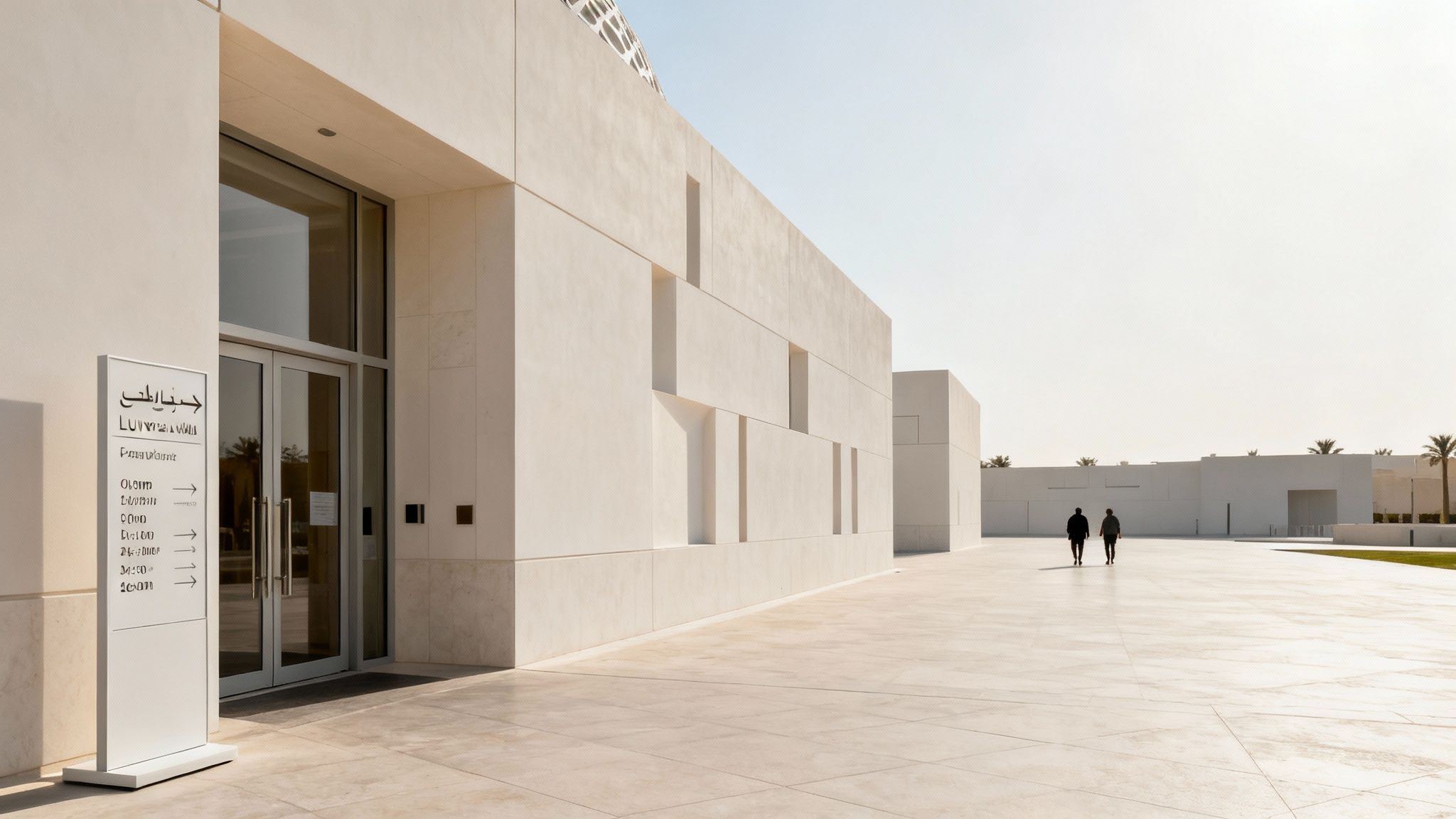 An aerial view of the Louvre Abu Dhabi's iconic geometric dome at sunset.