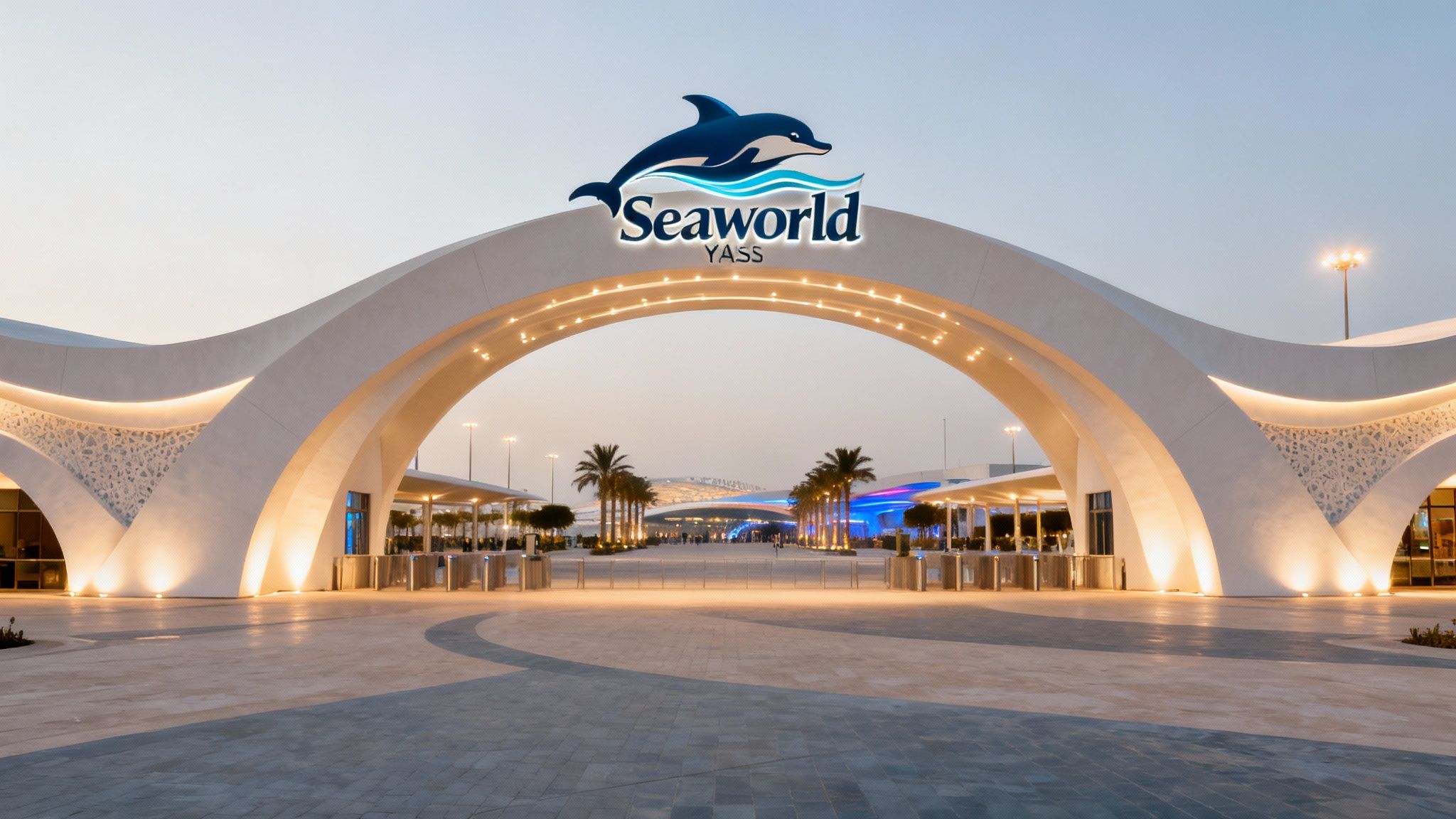 A wide shot of the modern and expansive SeaWorld Abu Dhabi building under a clear blue sky.