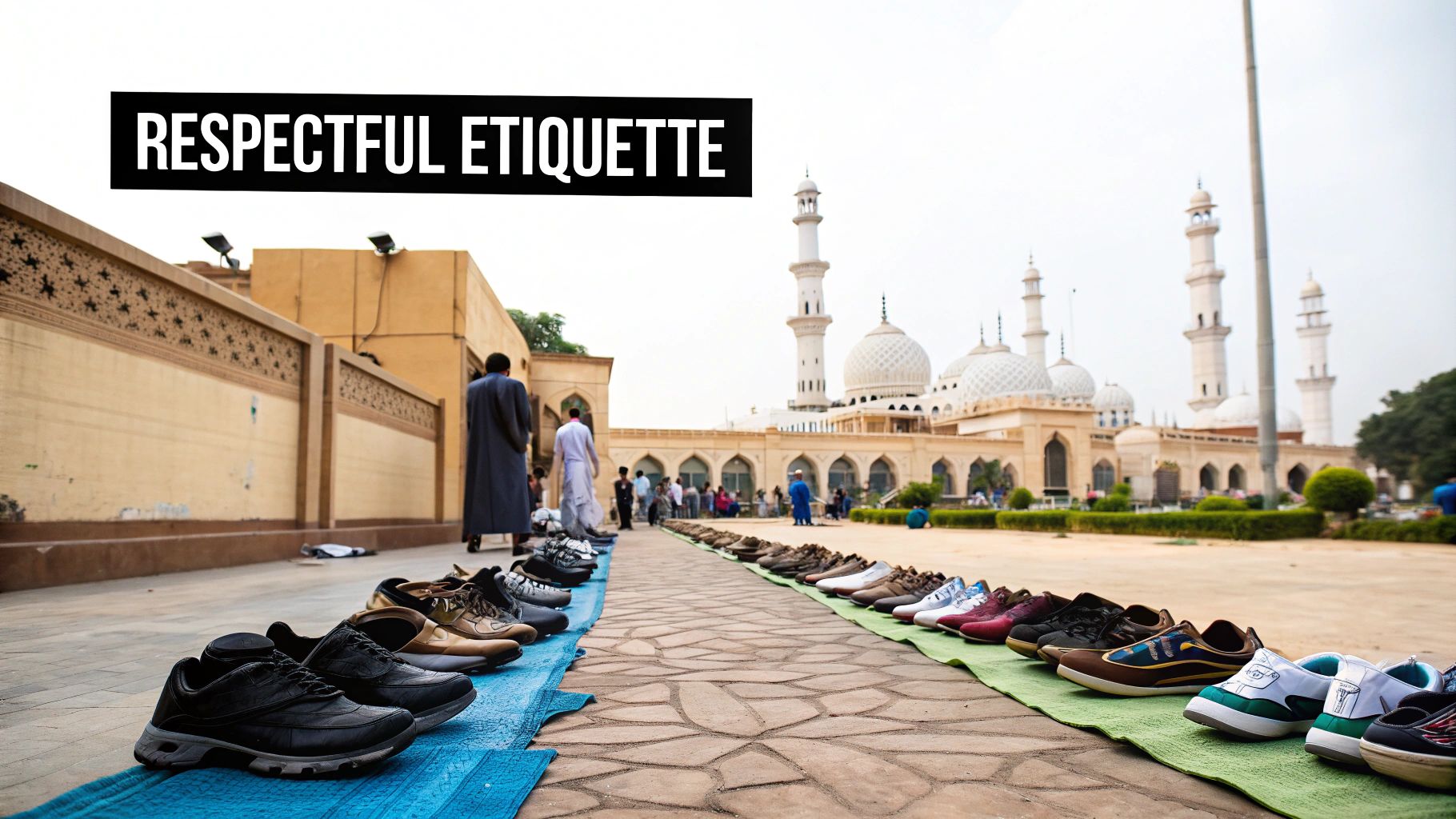 Visitors walking through the colonnades of the Sheikh Zayed Grand Mosque, demonstrating respectful conduct.