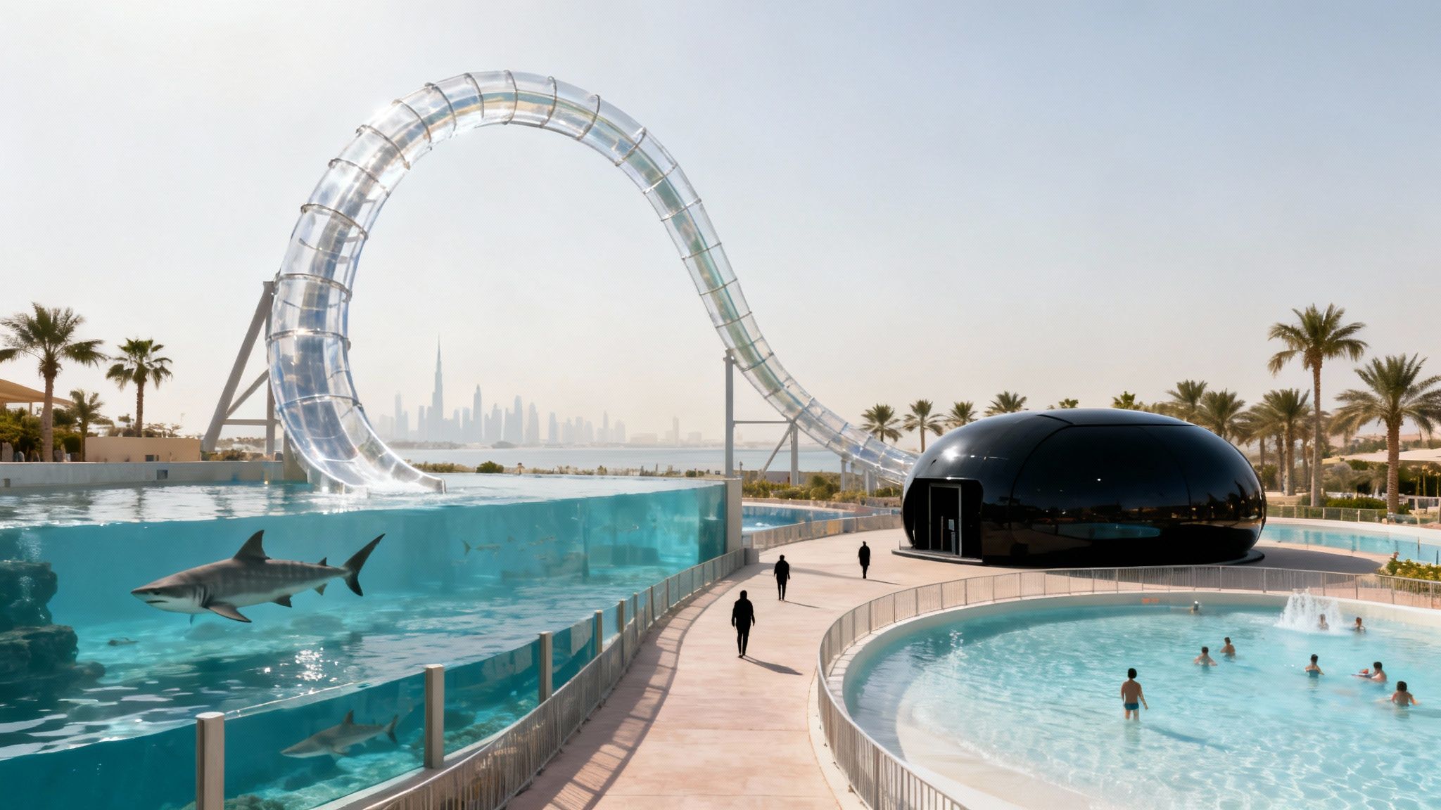 A luxurious waterpark with a looping transparent slide over a shark aquarium, pools, and Dubai skyline.