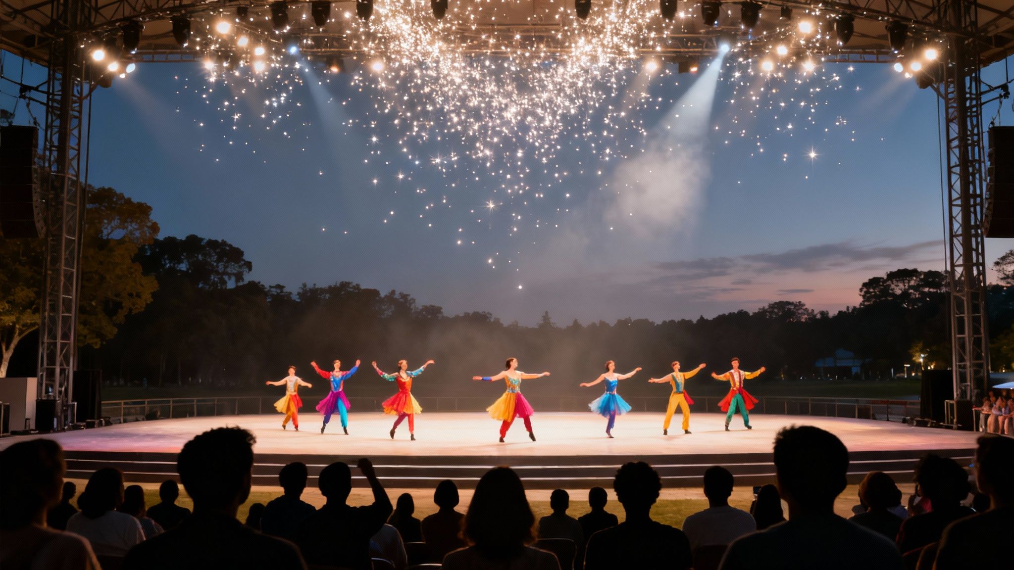 Dancers in vibrant costumes performing on a stage at Dubai Global Village at night.