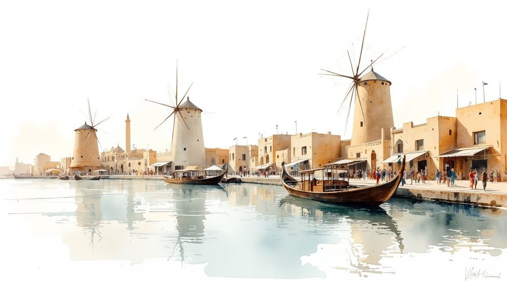 Historic buildings and traditional boats along the shores of Dubai Creek