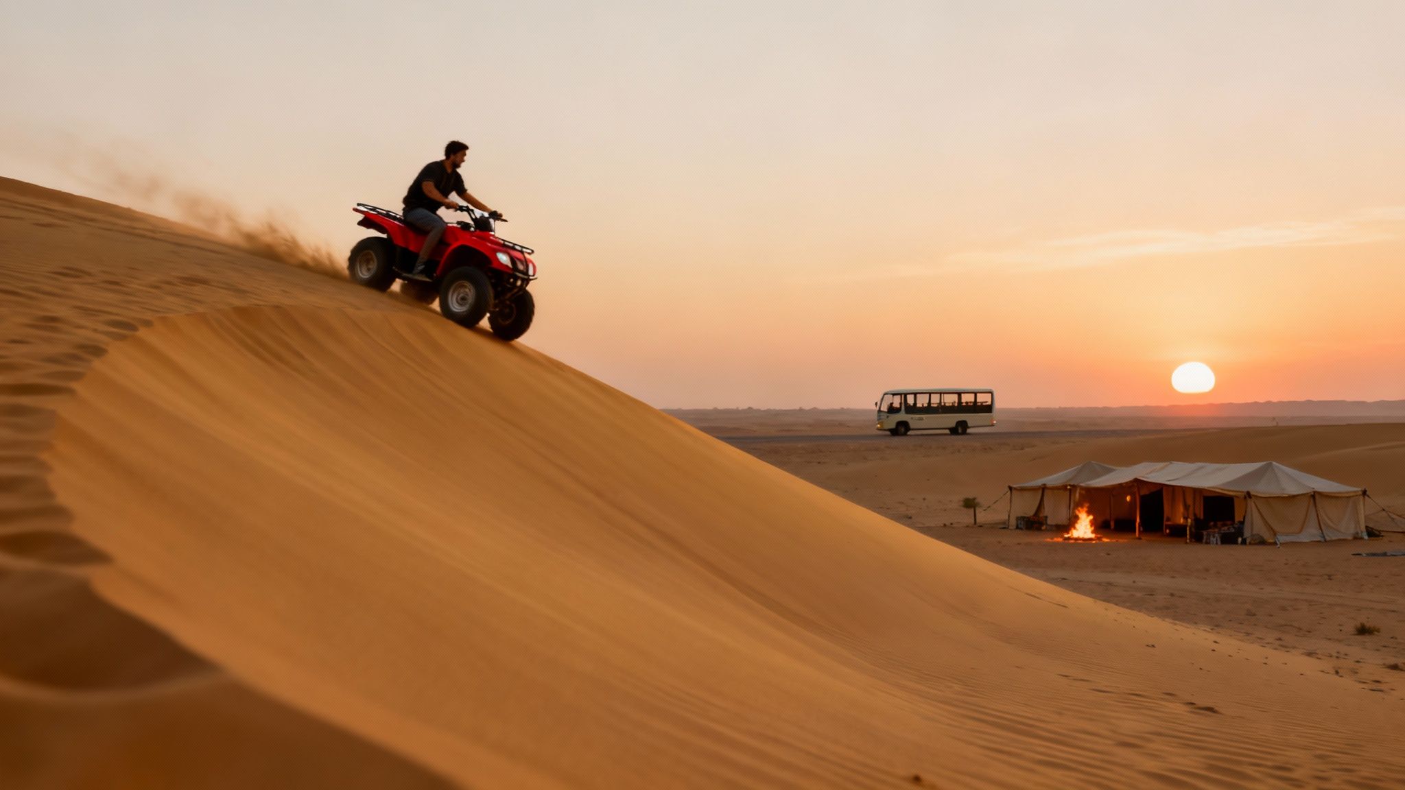 A group of people enjoying quad biking in the desert during a safari tour.