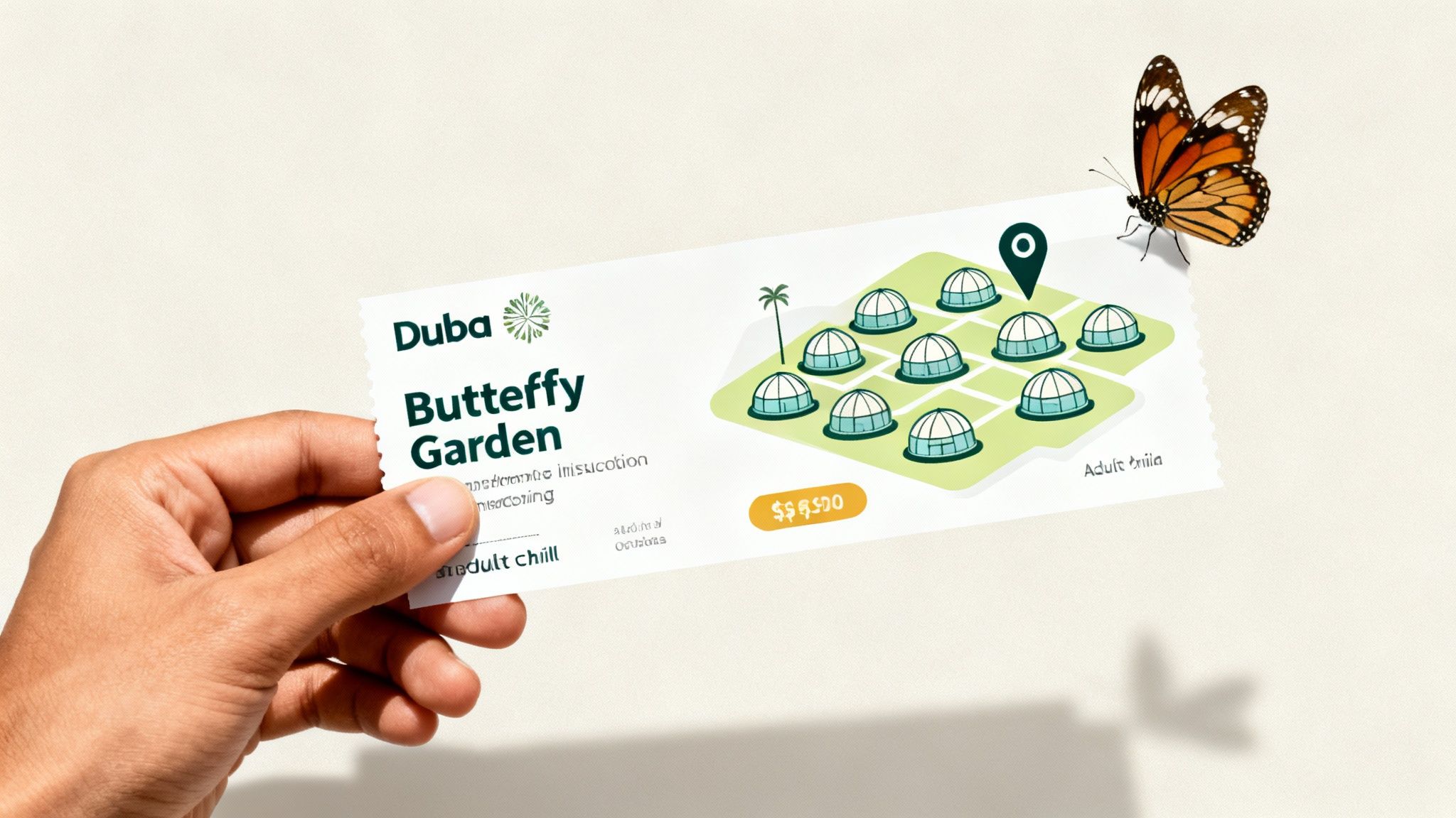 A hand holds a white ticket for 'Duba Butterfly Garden' featuring domes and a monarch butterfly.