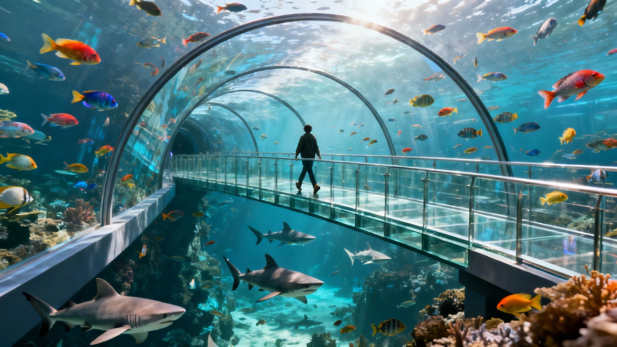 A large shark swimming over a coral reef in a massive aquarium tank.