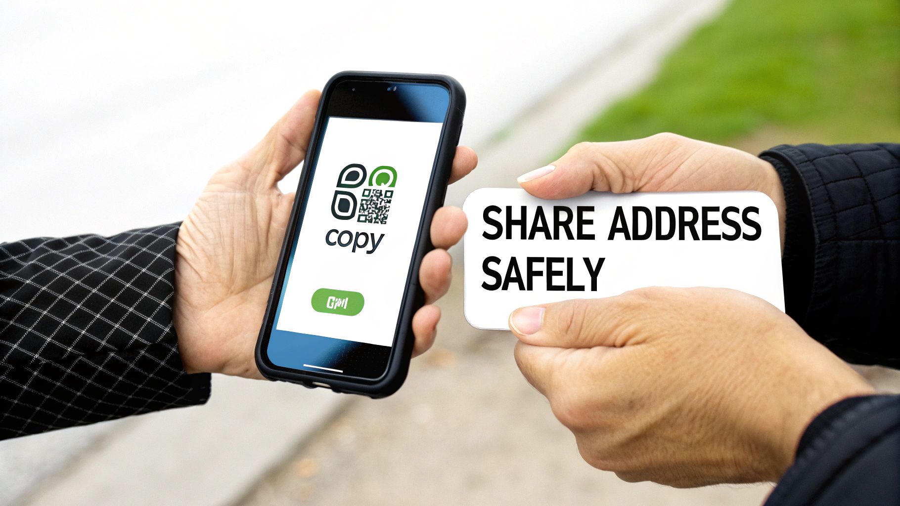 A person holding a smartphone displaying a crypto wallet QR code, next to a hand holding a 'SHARE ADDRESS SAFELY' card.