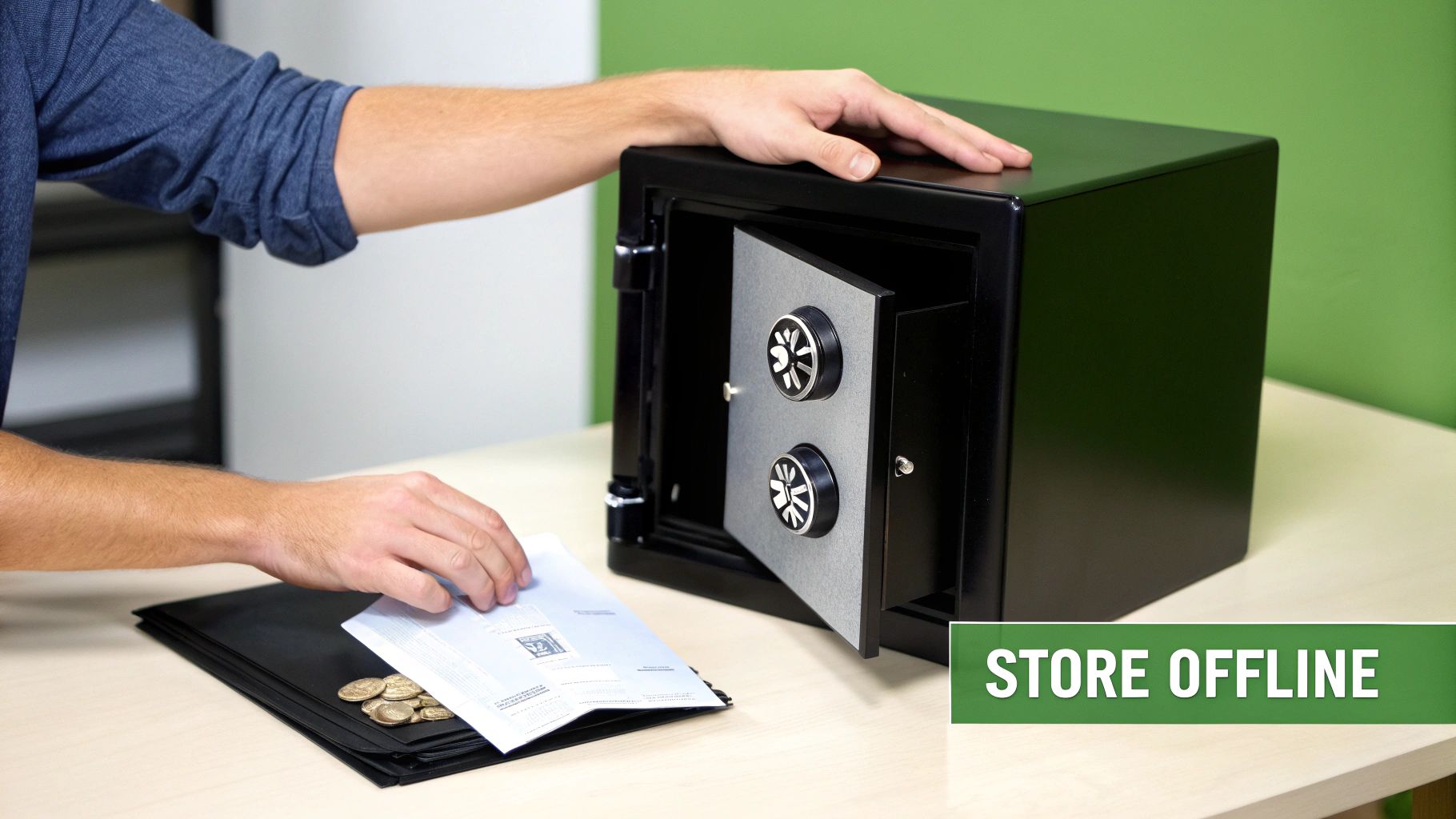 A person places important documents and coins into a small open black safe on a table.