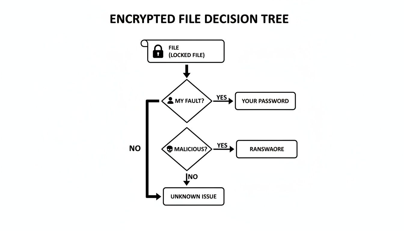 Flowchart titled 'Encrypted File Decision Tree' showing steps to identify the cause of a locked file.
