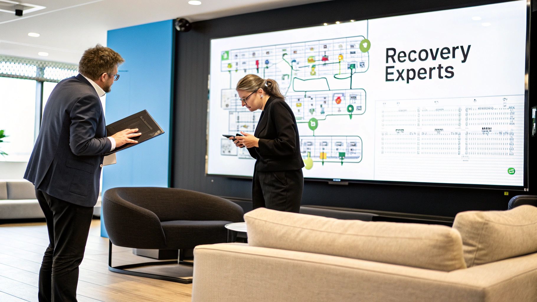 A team of experts collaborating in a high-tech office environment, analyzing blockchain data on large screens