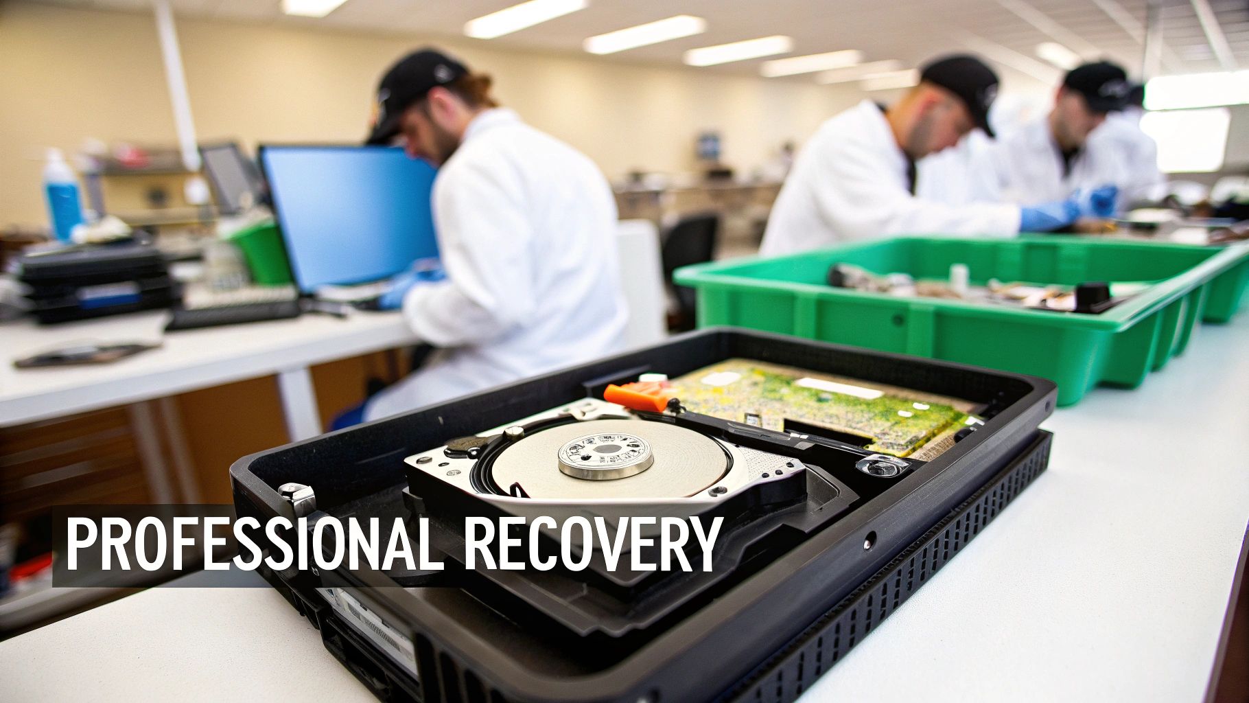 Close-up of an opened hard drive, with data recovery technicians working in a professional lab environment.