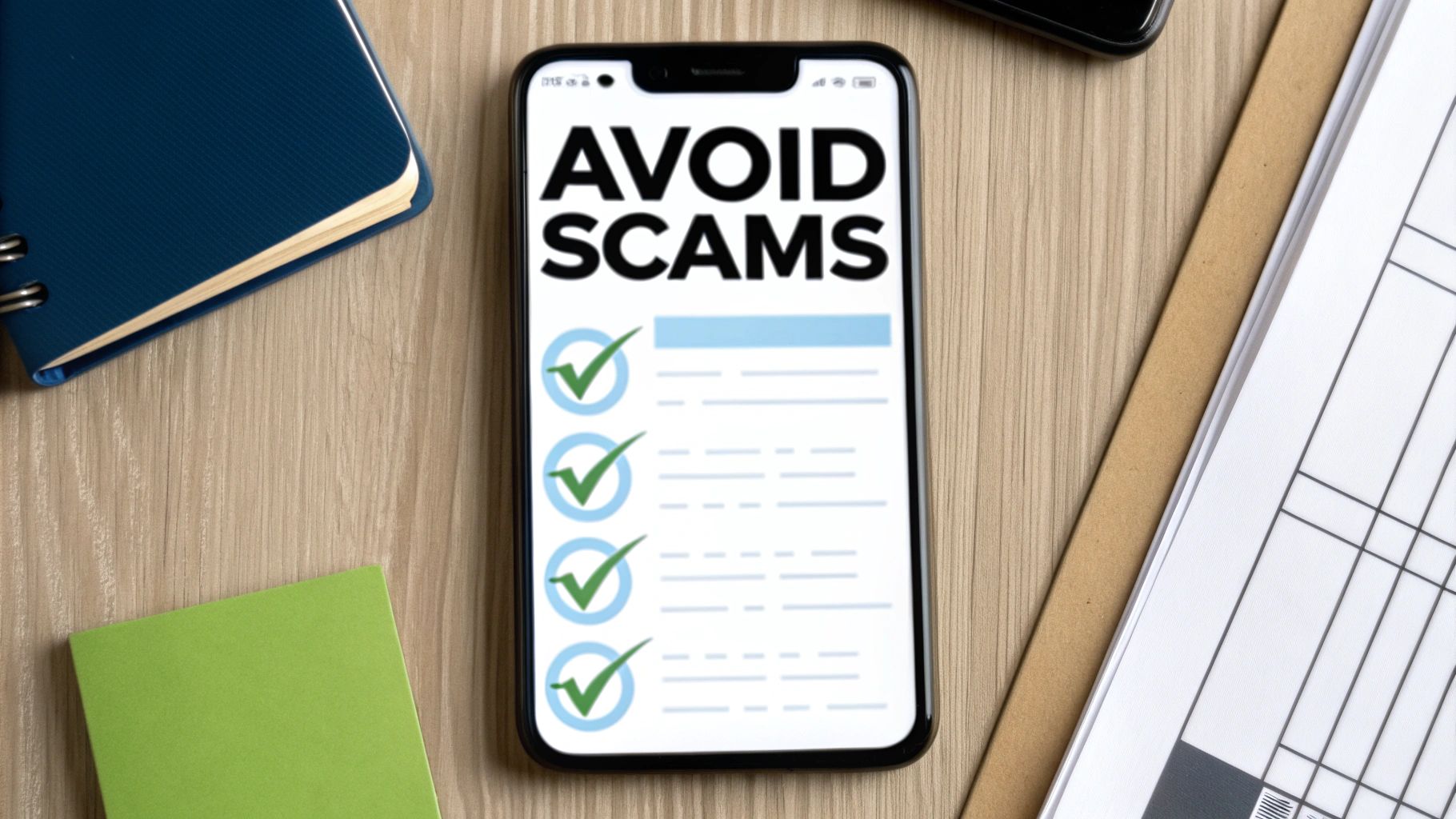 Smartphone displaying avoid scams checklist with green checkmarks on wooden desk with office supplies