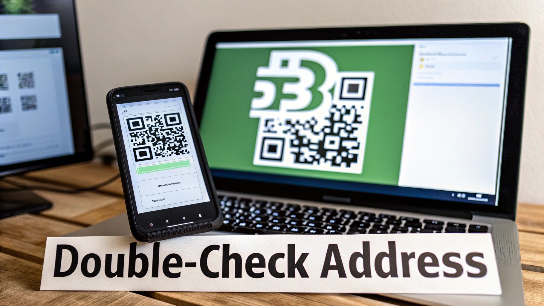 Smartphone and laptop display cryptocurrency QR codes, with a 'Double-Check Address' sign for secure transactions.