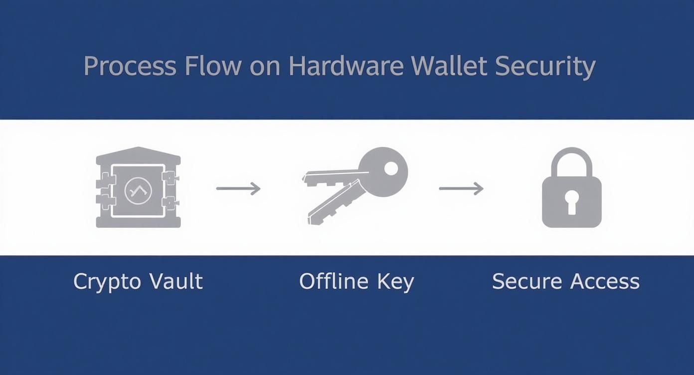 A process flow diagram illustrating hardware wallet security, from crypto vault to secure access using an offline key.