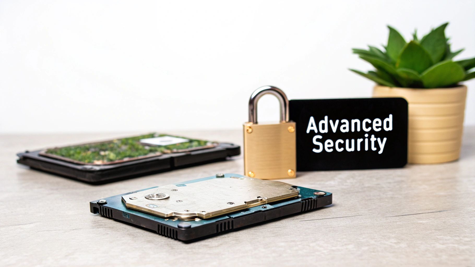 Two hard drives on a desk with a golden padlock and a sign reading 'Advanced Security'.