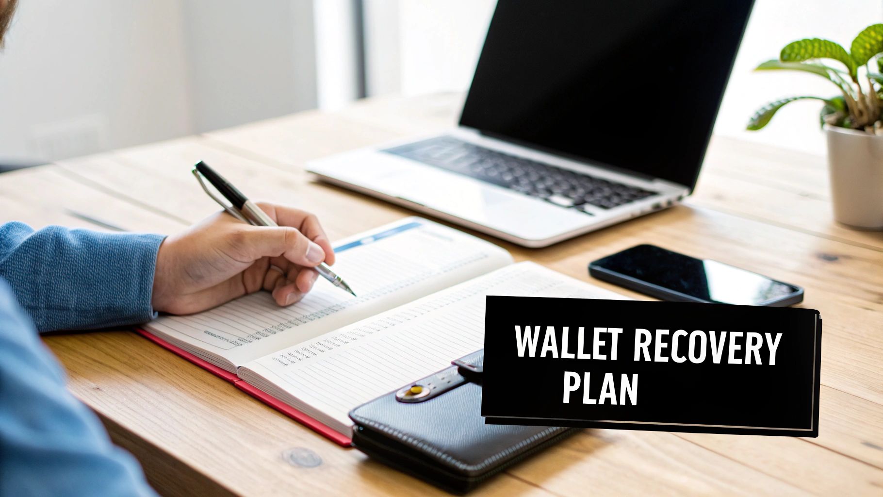 A person writes in a planner on a wooden desk, showing a laptop, phone, and 'WALLET RECOVERY PLAN' text.