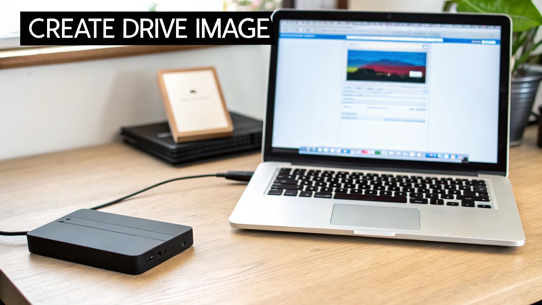 A silver laptop connected to an external hard drive on a wooden desk, used for data recovery.