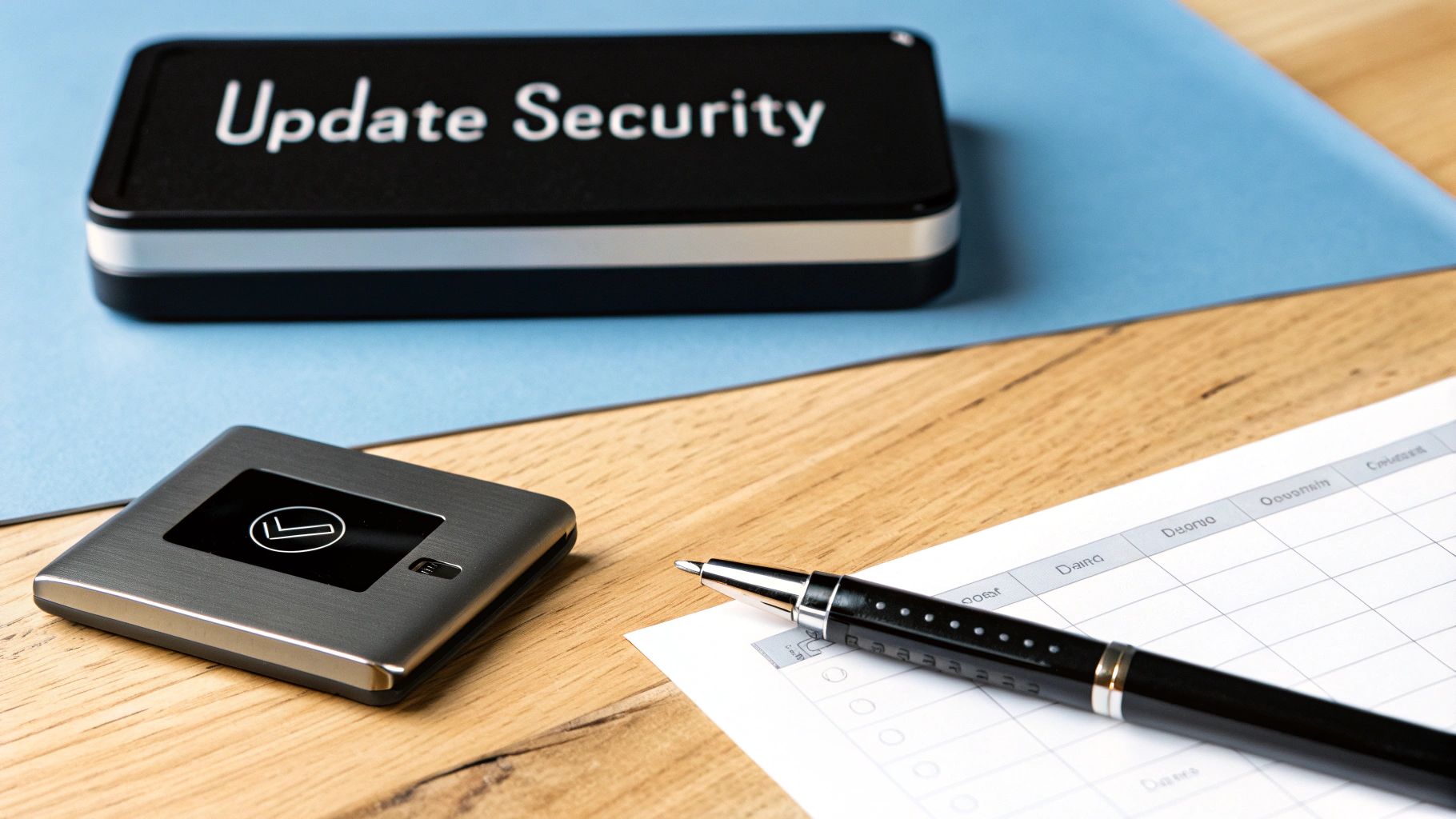 Close-up of 'Update Security' box, a security token, and a pen on a wooden desk.