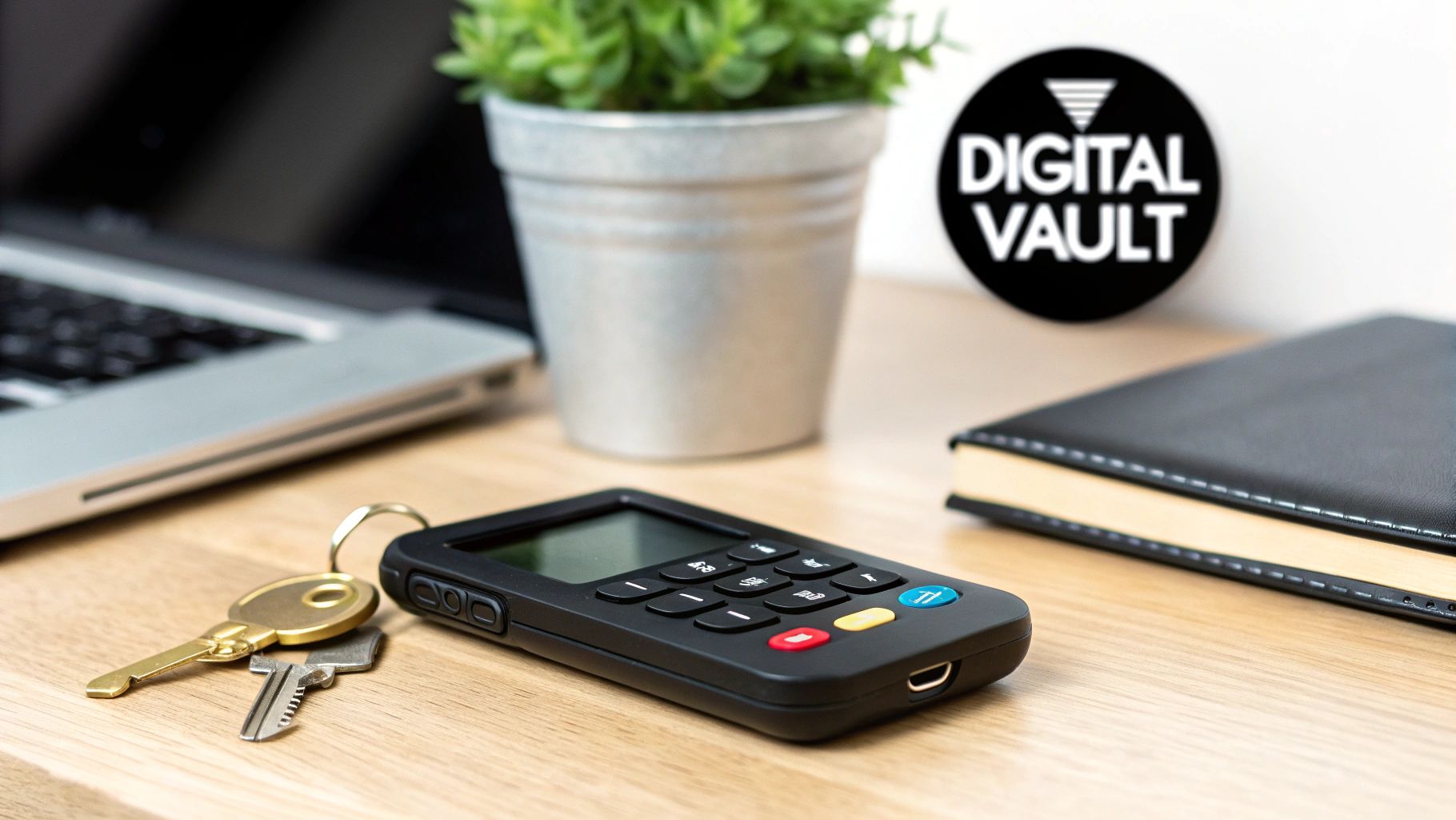 A desk with a laptop, plant, notebook, keys, and a black hardware wallet.