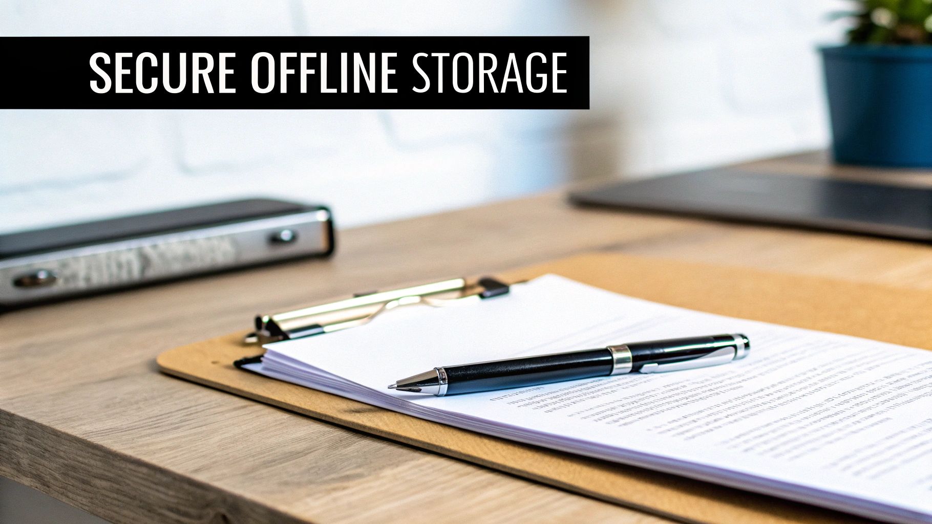 A pen on documents clipped to a board on a wooden desk with 'SECURE OFFLINE STORAGE' text.