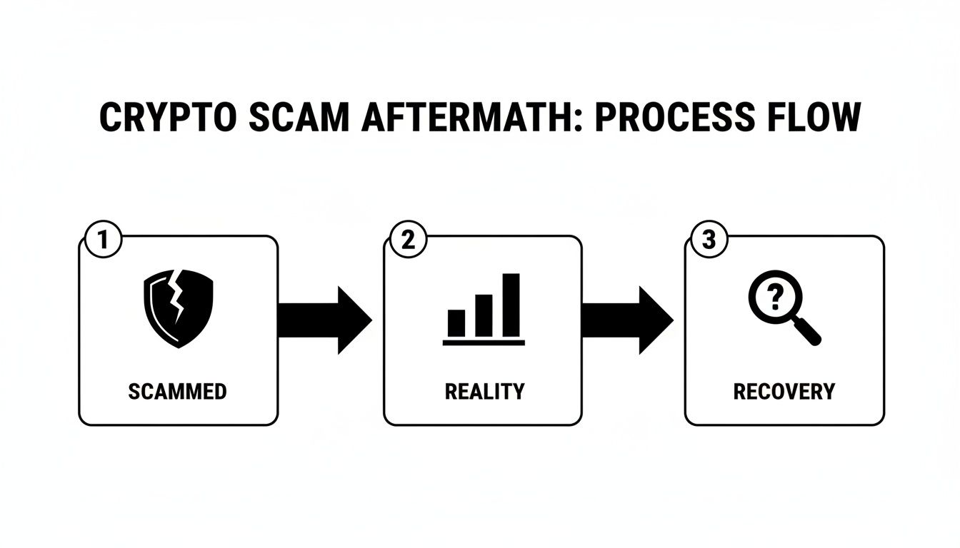 A three-step process flow diagram illustrating crypto scam aftermath: scammed, reality, and recovery.