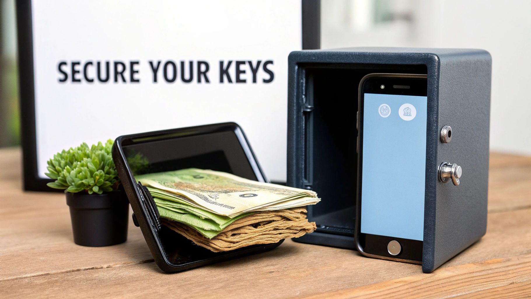 A digital shield icon hovering over a cryptocurrency wallet, representing protection and security.