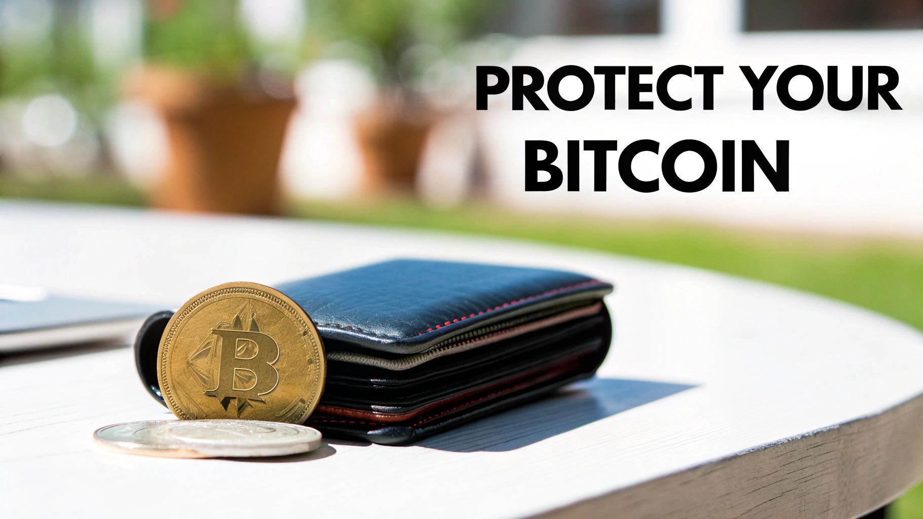 A golden Bitcoin coin leans against a black leather wallet on a white wooden table with 'PROTECT YOUR BITCOIN' text.