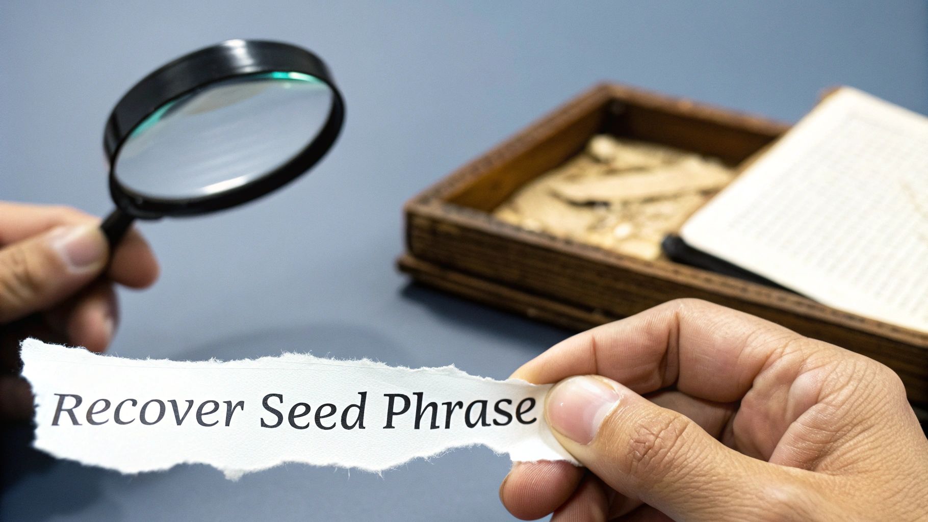 Person holding magnifying glass and paper with recover seed phrase text for cryptocurrency wallet recovery