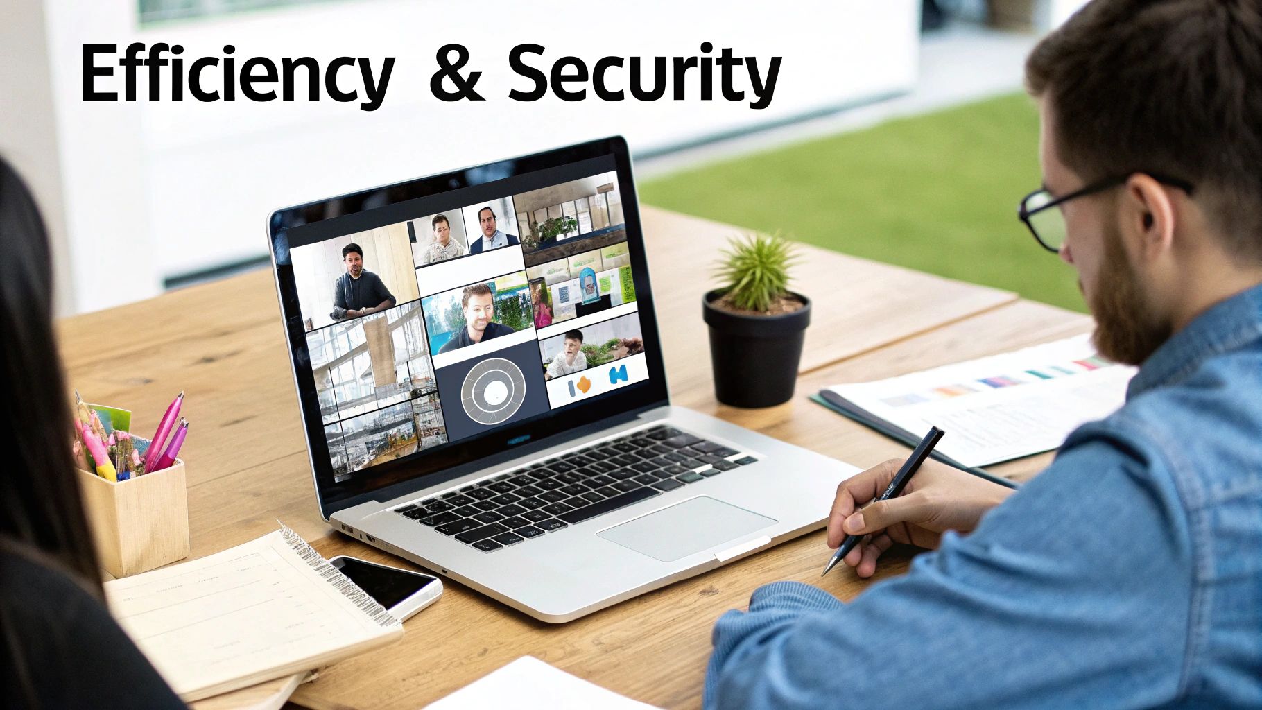 Two people collaborating at a wooden desk, one using a laptop for a video conference, with text 'Efficiency & Security'.