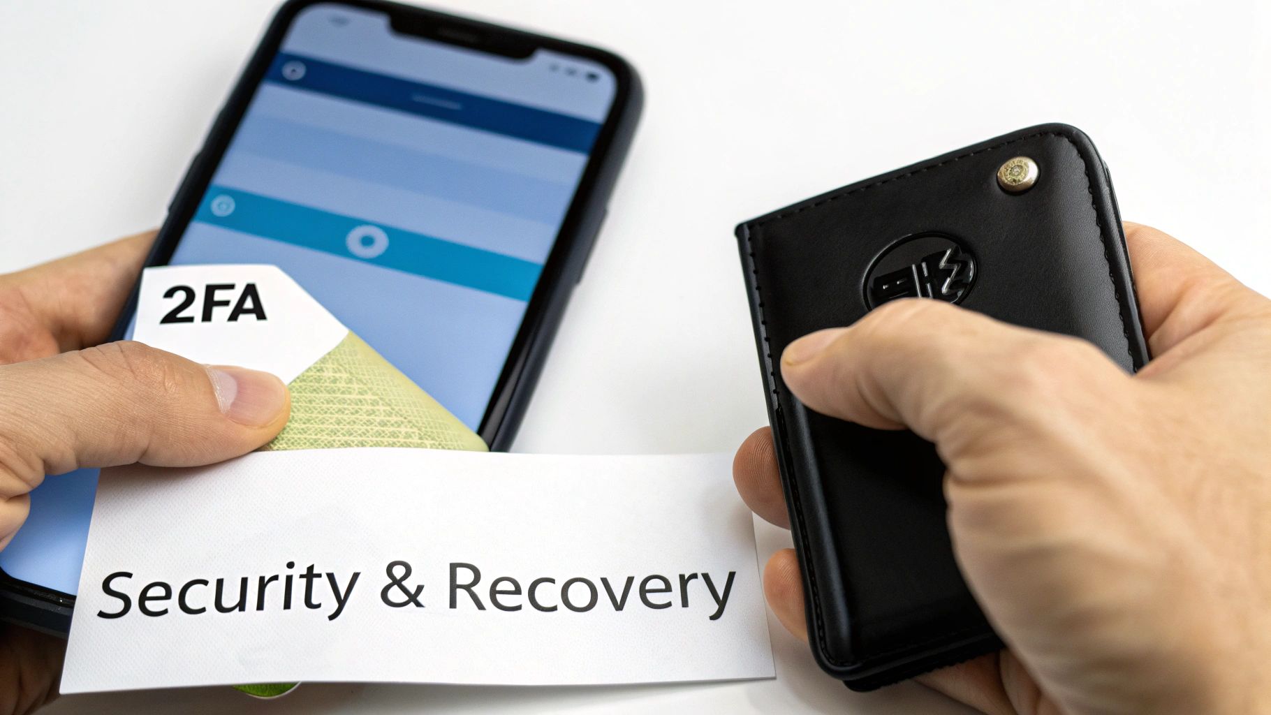 Hands holding a smartphone with '2FA' and 'Security & Recovery' papers, and a black hardware security key.