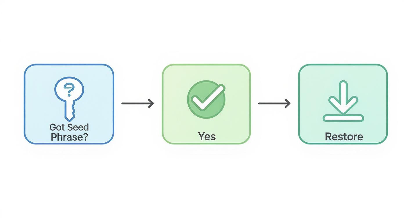 Infographic decision tree showing that having a seed phrase leads directly to wallet restoration.