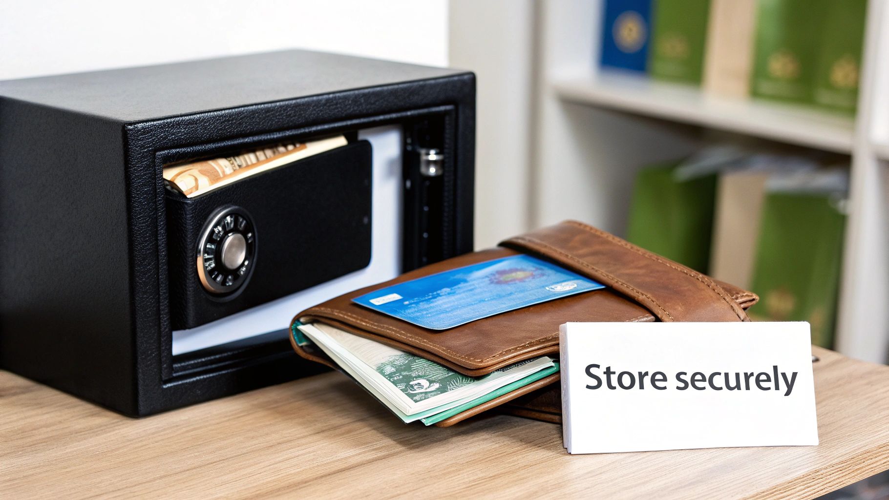 Small black safe with cash, a brown wallet, and a credit card, emphasizing secure storage.