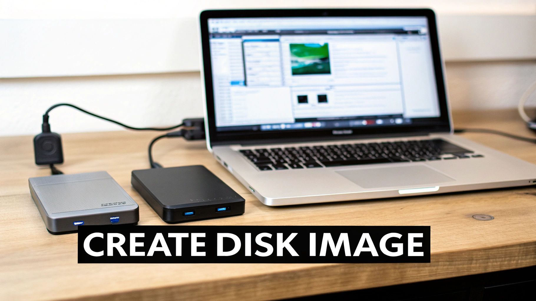 A laptop and two external hard drive enclosures on a wooden desk for disk imaging.
