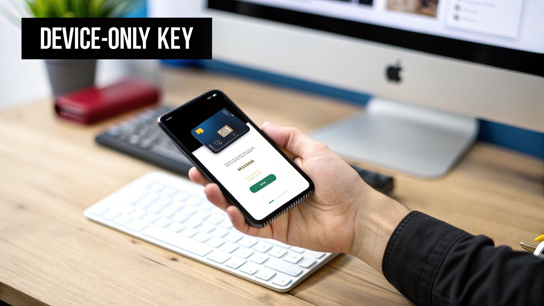 A hand holds a smartphone displaying a security app with a digital key and password input.